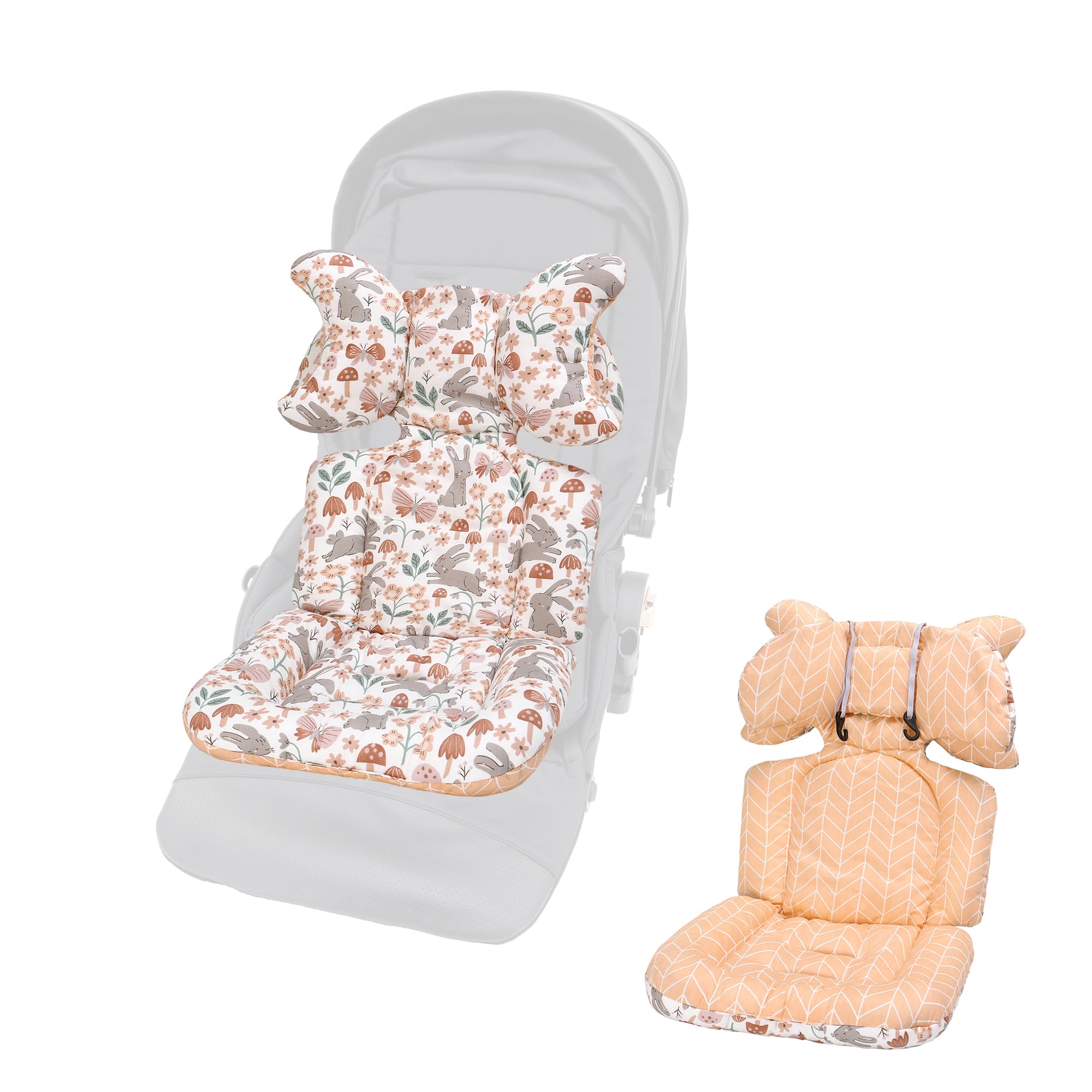 Baby Pushchair Seat Liners,1 Pack Removable Stroller Cushion Seat Liner,Universal 100% Cotton Pram Insert Pad,Pushchair Seat Covers Thick for Pram Buggy Baby Carriage,Toddler Infant(Rabbit+Orange)