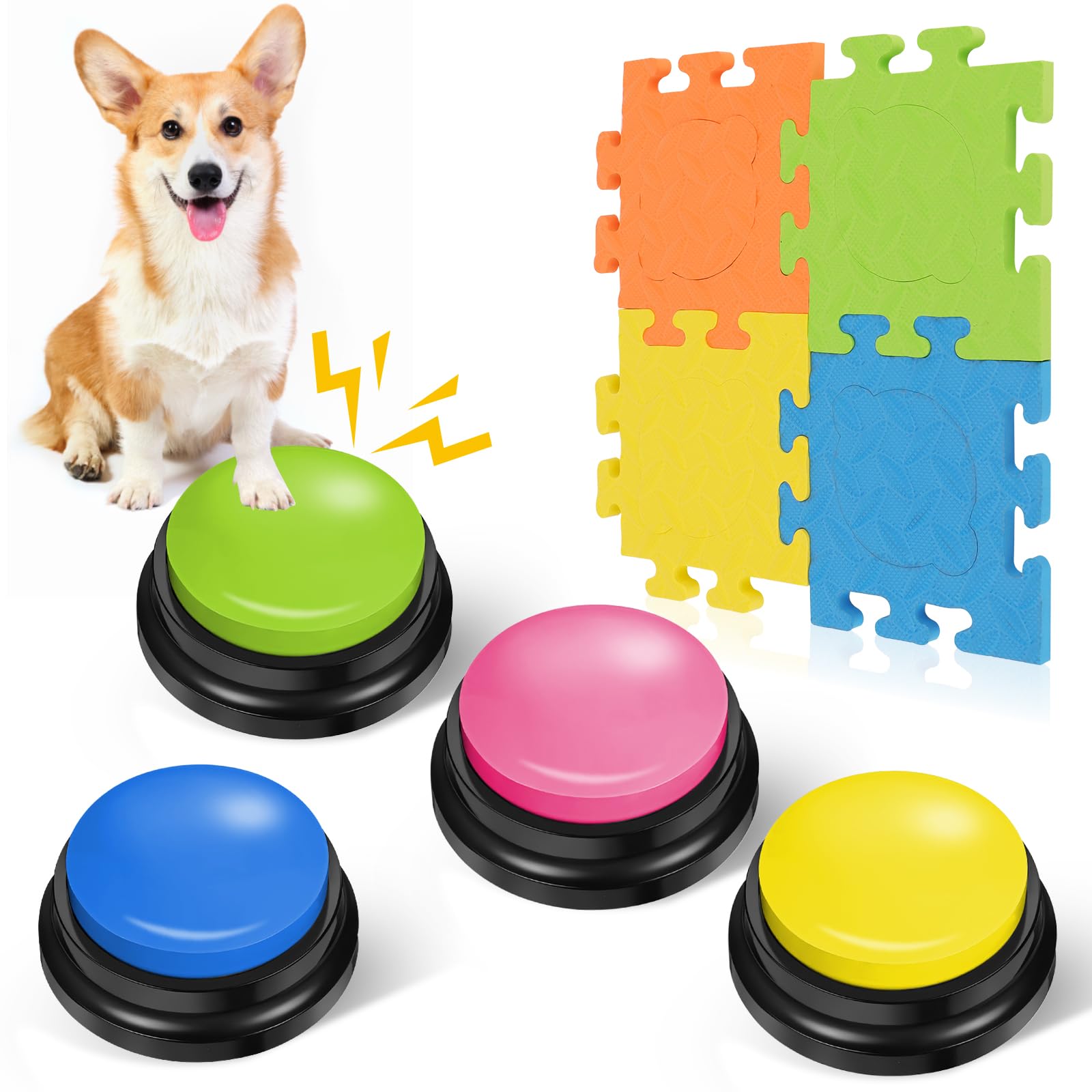 4 Pezzi Pulsanti di Allenamento per Cani registrabili, Pulsanti per Cani con Tappetini, Pulsanti per Cani per la Comunicazione, Pulsanti di Conversazione per Cani, Buzzer con Funzione di Registrazione