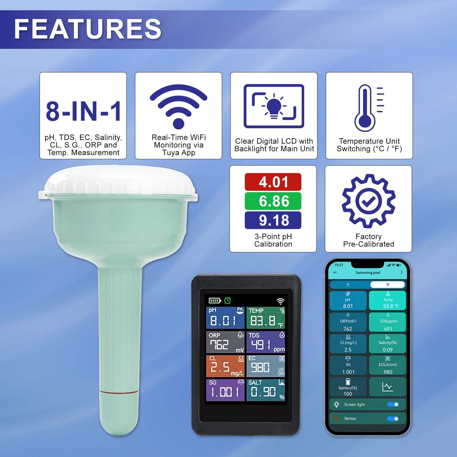 Smart WiFi Wasserqualitätstester, 8-in-1 digitales pH TDS EC Messgerät, Chlor Salzgehalt ORP S.G. Temperatur Multi-Parameter Monitor, Tuya App Echtzeit-Fernüberwachung für Pools, Aquarien, Spas