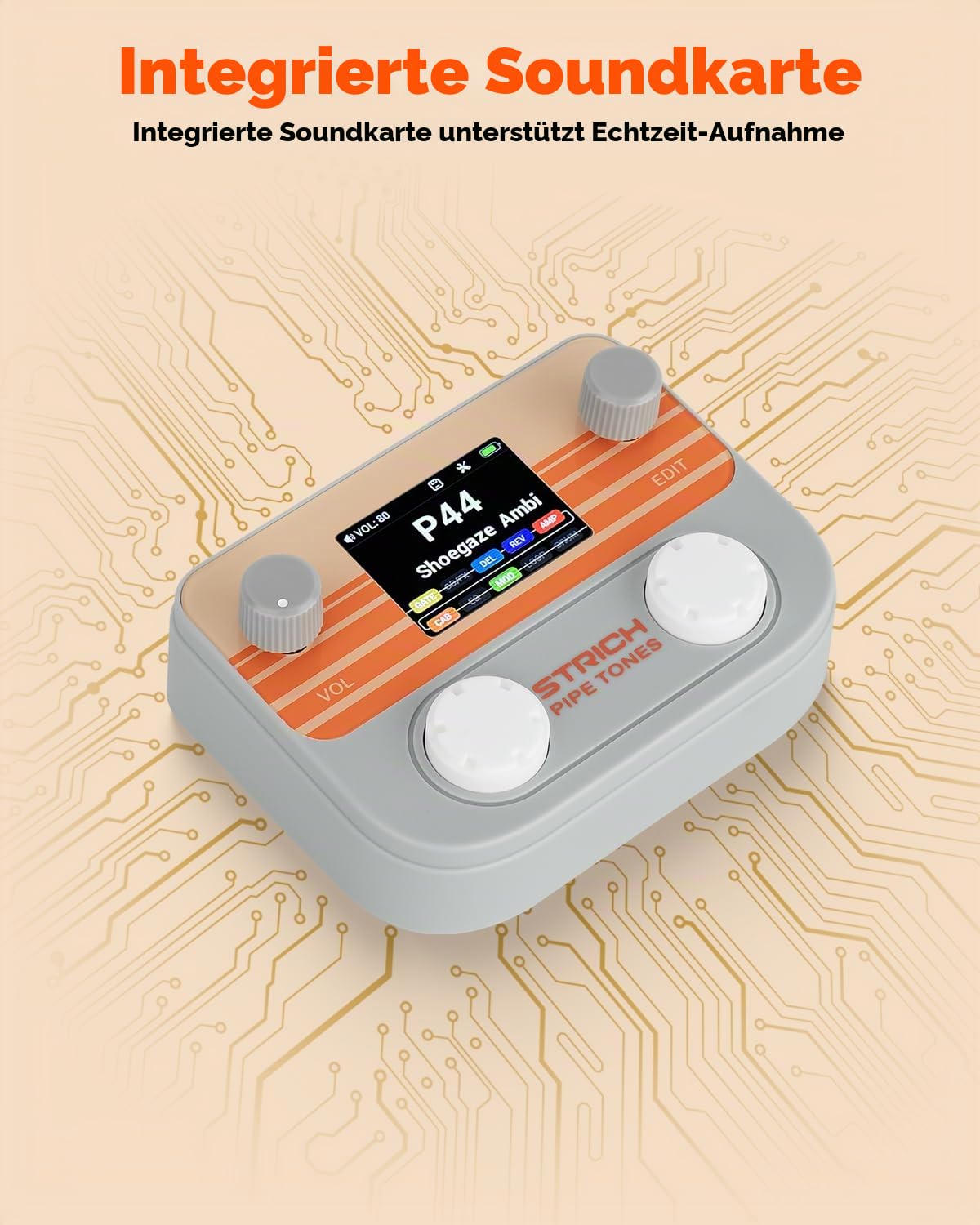 STRICH Pipe Tones Pocket Multi-Effekt Prozessor für Gitarre und Bass, 10 Effektmodule, 125 Effekte, 40s Looper, 100 Drum Patterns, USB Audio Interface, Wireless Control (Grau)