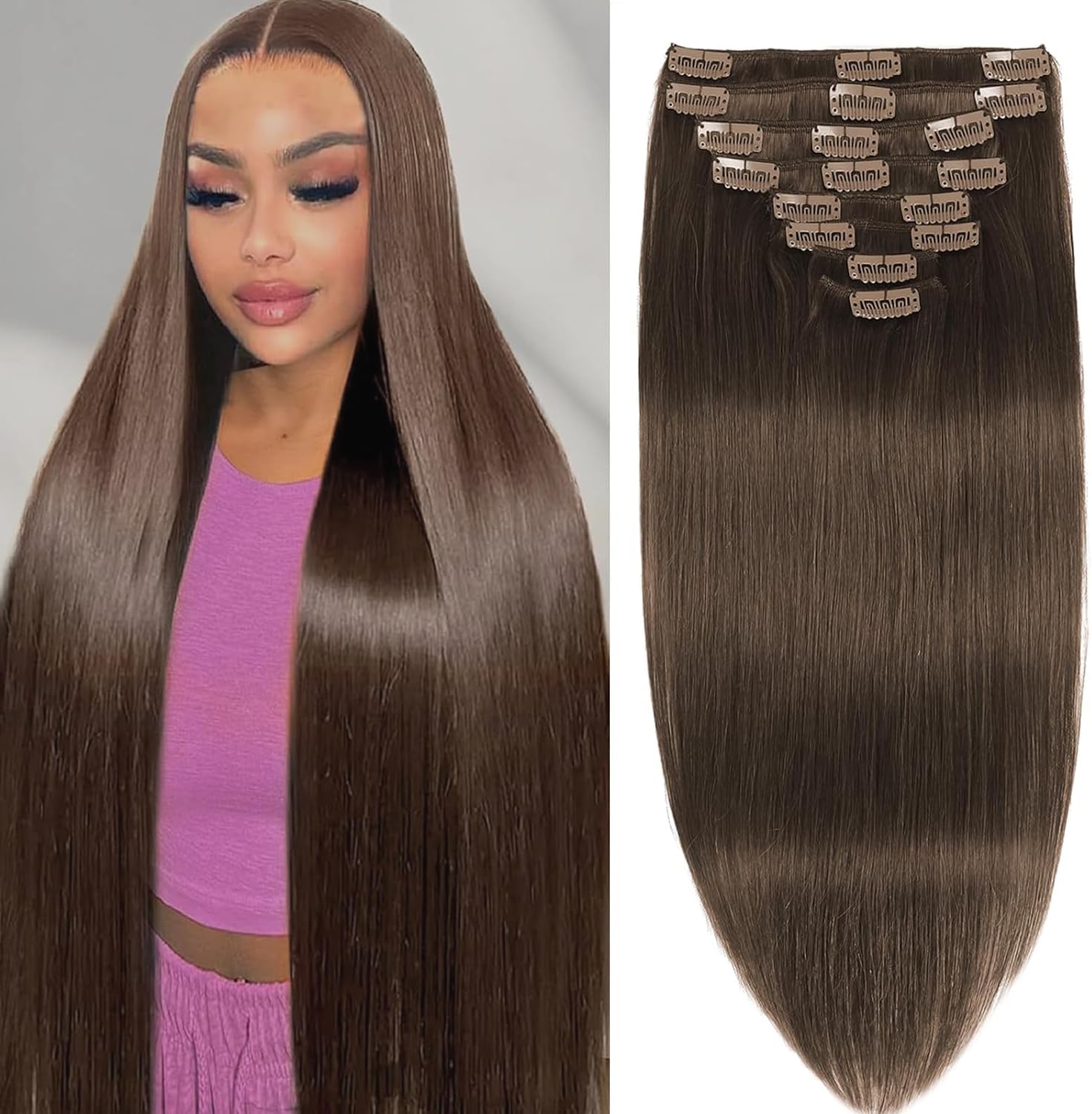 Chocolate Brown Clip in Hair Extensions Real Human Clip in Extensions Invisible Remy Human Hair Natural Straight Seamless Hair Extensions 8pcs Double Weft 18 Inch 100g