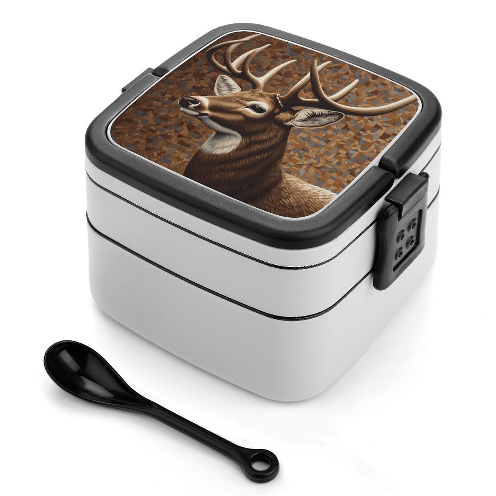 VstaDank Deer on Brown Background Bento Box with Compartments Portable Lunch Containers with Spoon Leak Proof Bento Lunch Box Snap-On Design Double-Layer Insulated Lunch Boxes for Work Camping