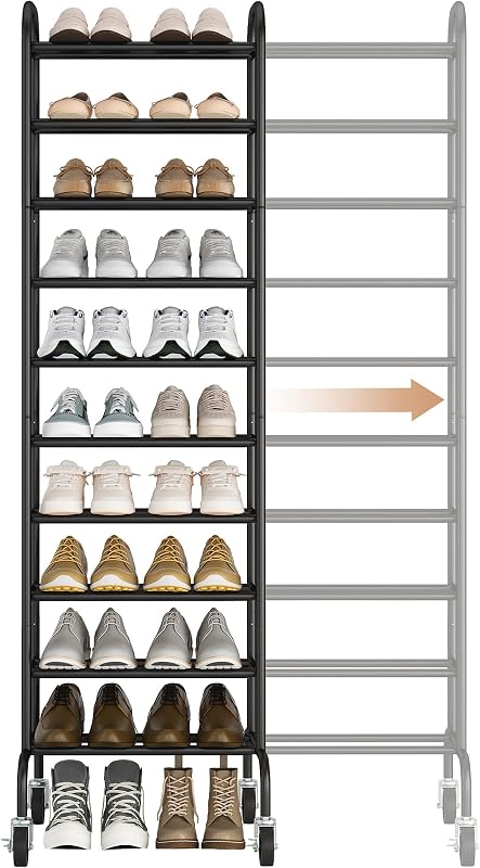 10-Tier Expandable Shoe Rack, 44 Pairs Tall Vertical Shoe Rack, Heavy-Duty Metal Adjustable Shoes Organizer for Closet, Entryway, Hallway, Garage, Front Door, Shoes Shelves, Black