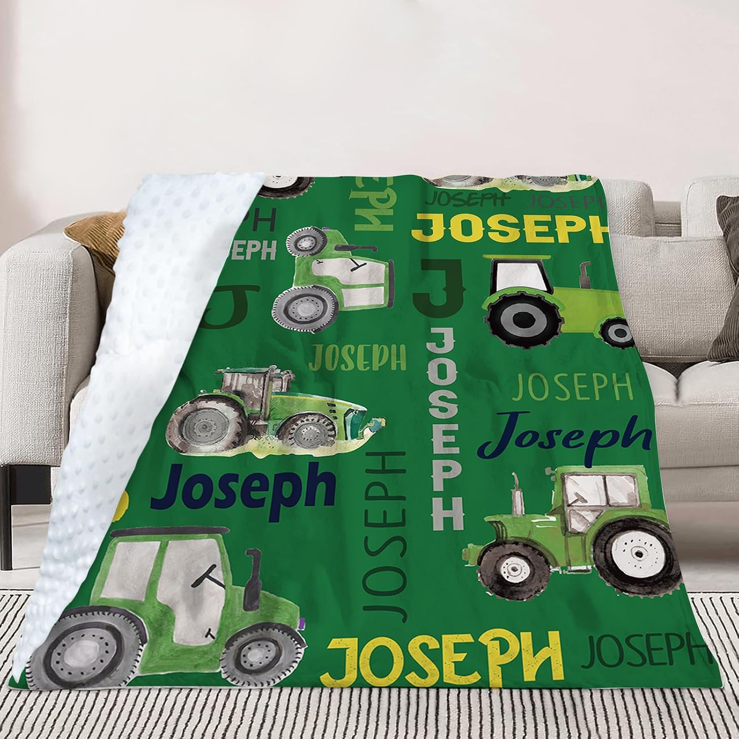 Custom Tractors Blanket - Farm Tractor Trucks Design with Personalized Names - Soft Plush Flannel Throw Blanket with Double Layer Dotted Backing for Baby Kids Teen Boys Girls Gifts Green
