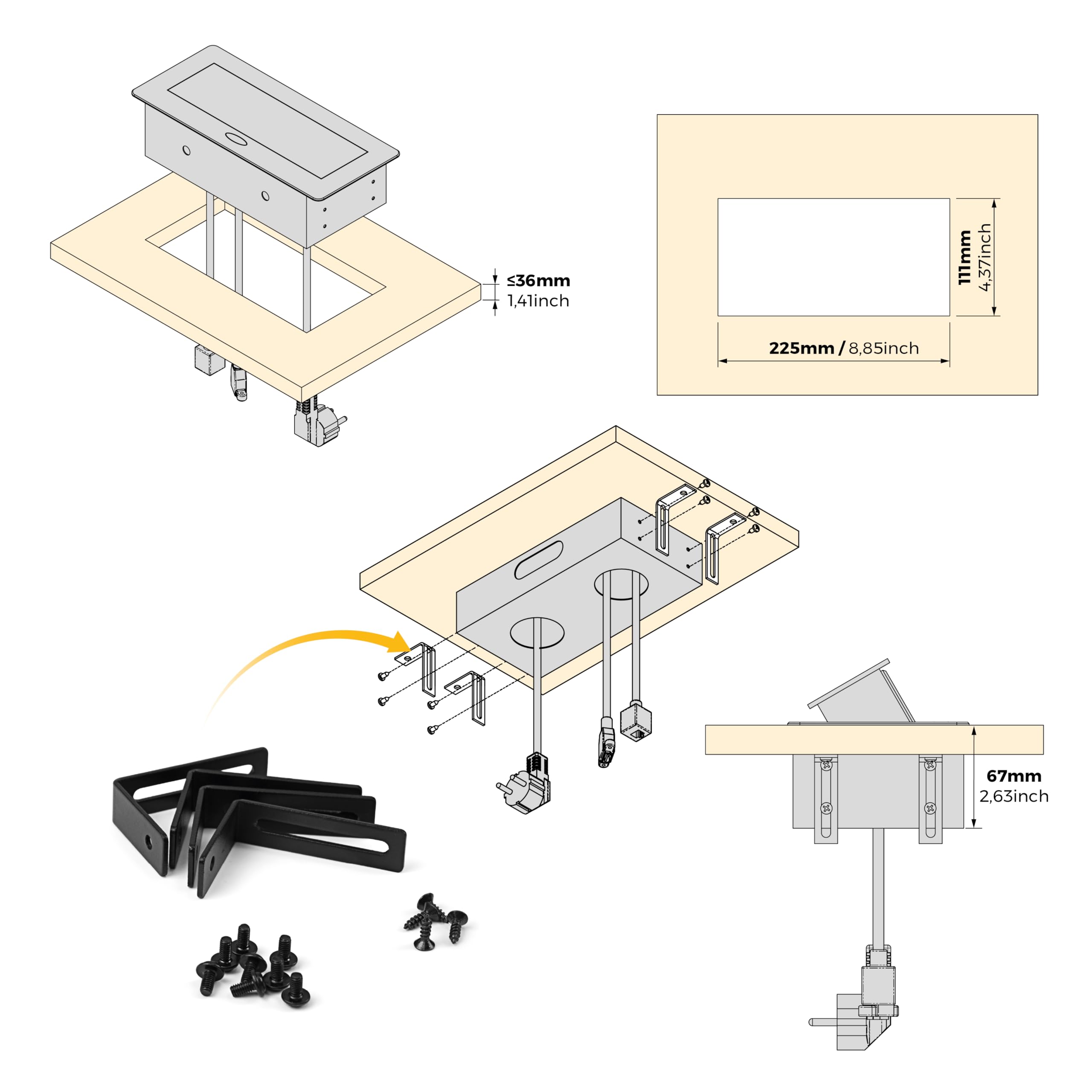 Emuca - Blocco multipresa a scomparsa da incasso nella scrivania, ciabatta multipresa (spina EU tipo F, USB A+C, RJ45 e HDMI), 265x120mm, bianco