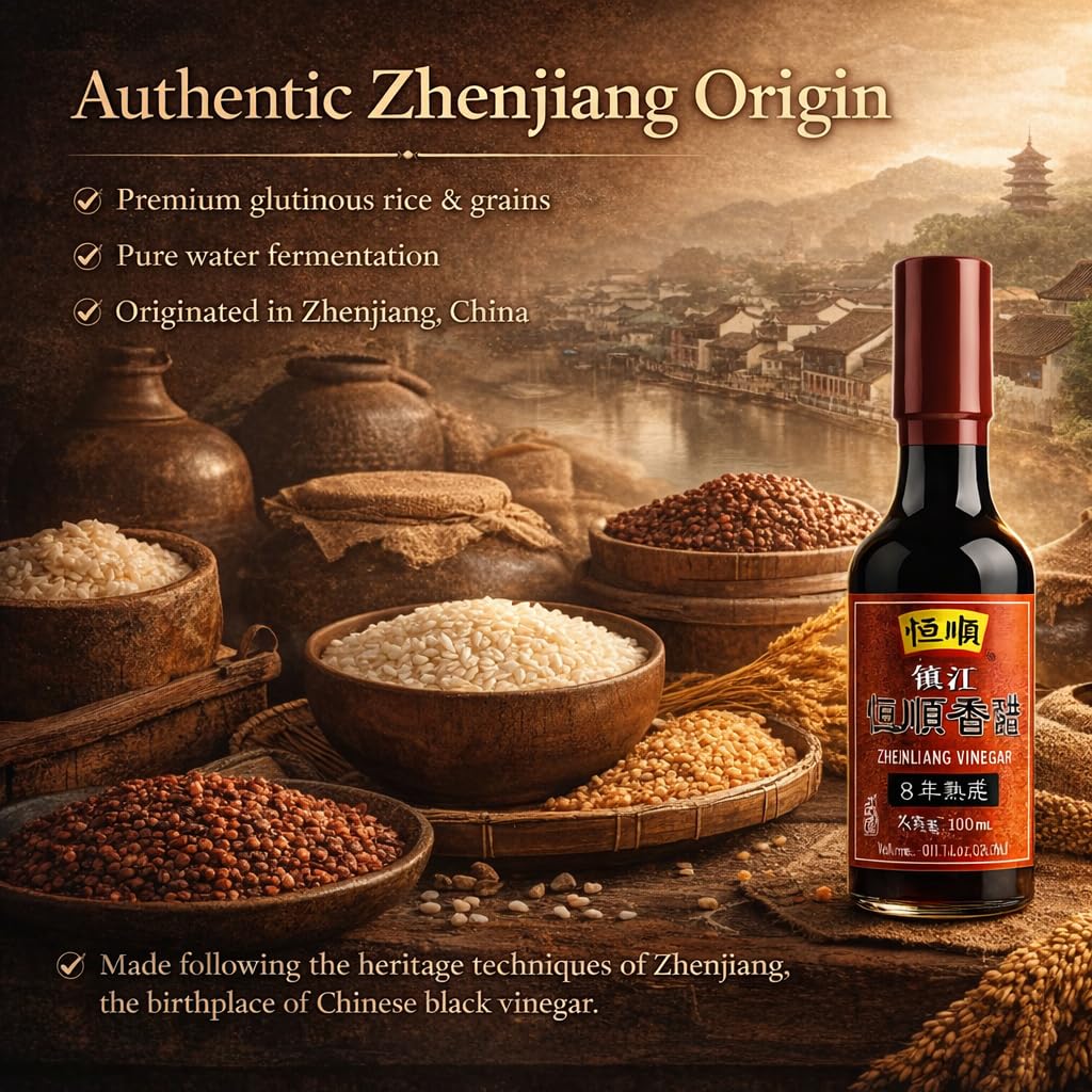 Hengshun Zhenjiang Black Vinegar, 8-Year Aged Chinese Black Vinegar, Naturally Brewed, Rich Umami Flavor, Smooth & Aromatic, for Cooking & Dipping, 300 mL