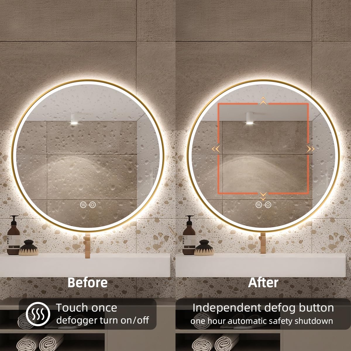 32" x 32" Round LED Bathroom Mirror, Stepless Dimmable, Gold Aluminum Edge Lighted Mirror, Anti-Fog, CRI 90+, Ultra-Clear Bathroom Circle Mirror, Backlit & Frontlit for Vanity, UL-Listed