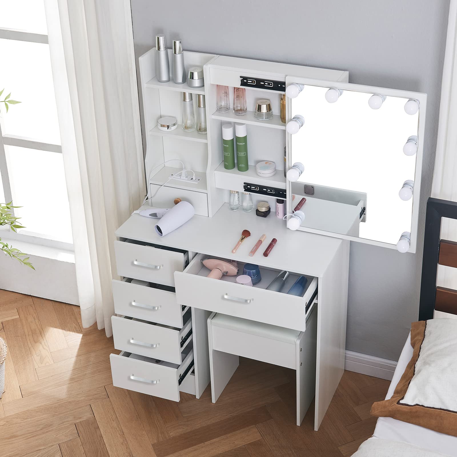 saicheng Modern Vanity Table Set with Stool, White Makeup Dressing Table with Sliding Lighted Mirror 10 Bulbs, Dresser Desk with 5 Storage Drawers