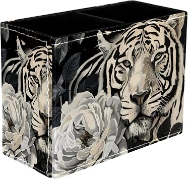 Pen Holder, White Tiger Flower PU Leather Pen Pencil Holder Organizer for Home School Dorm Office Desk Decor