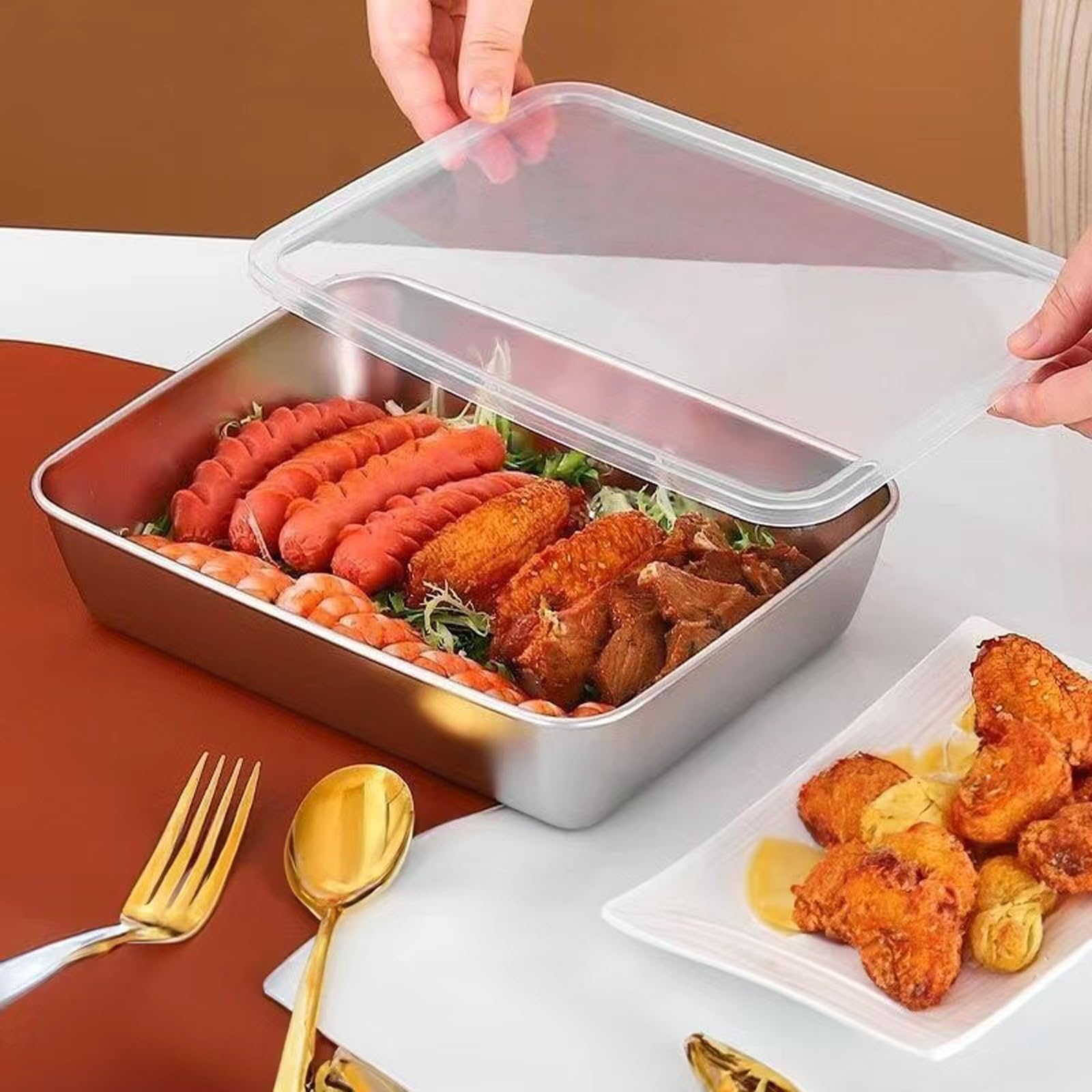 Bandeja de acero inoxidable para servir barbacoa, recipiente de alimentos inoxidable con tapa sellable, gran capacidad para cocina, almacenamiento al aire libre y refrigerador, perfecto para fiestas y
