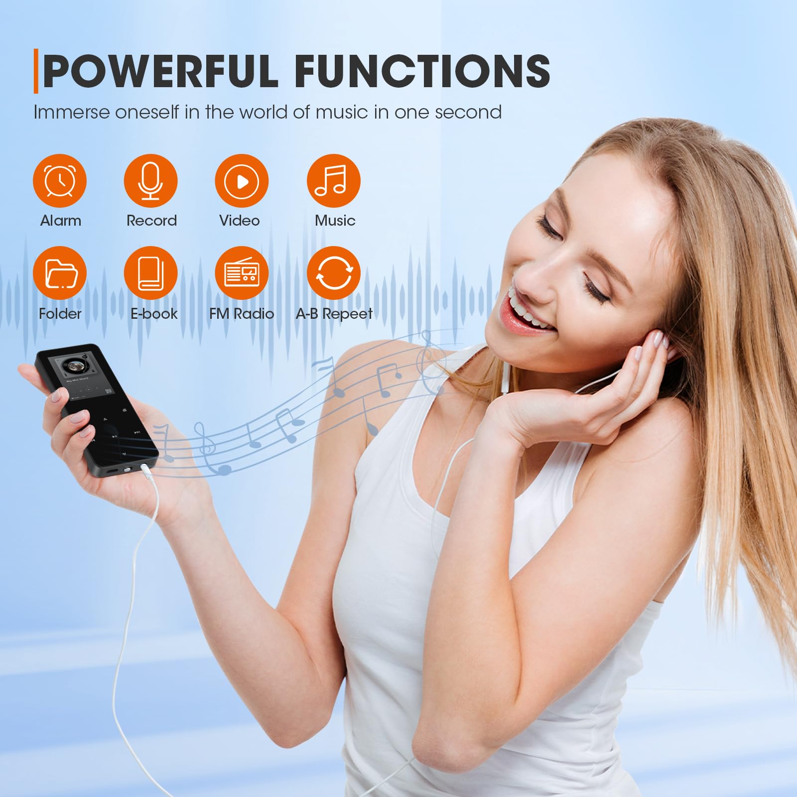 Lecteur MP3 de 64 Go avec Bluetooth 5.0, Lecteur MP3 Enfant Haut-Parleur HD, Enregistreur Vocal, Fonction Réveil, Livre électronique, Extensible à 128 Go, écouteurs Inclus