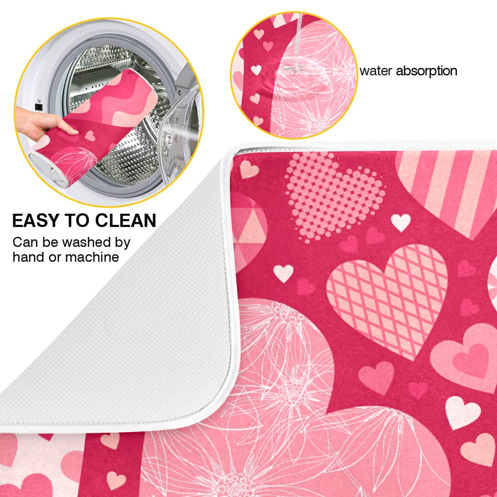 Happy Valentines Love Heart Dish Drying Mat Absorbent Washable Protector Drying Pad Pot Mat for Kitchen Counter Sink Table 18 x 24 Inch