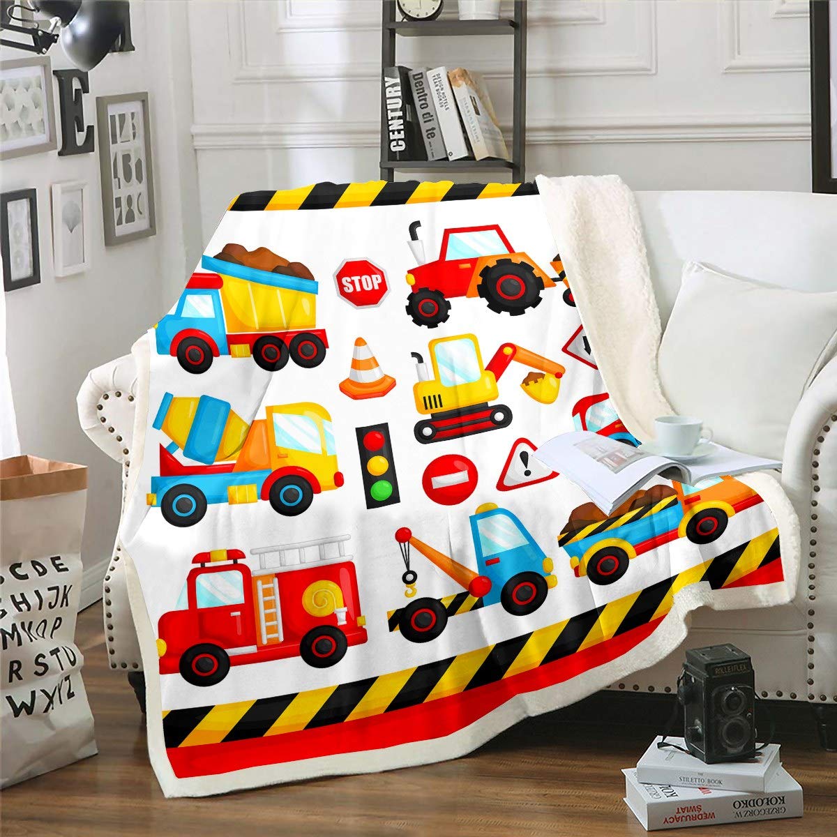 Loussiesd Kids Construction Truck Fleece Blanket, Cartoon Vehicles Pattern, Sherpa, 30x40Inch, Multicolored 10015, Baby(30"x40")
