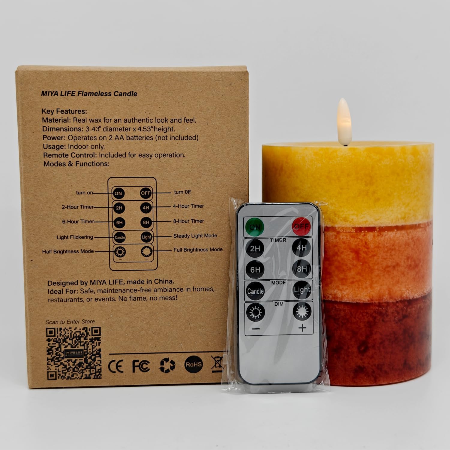 Thanksgiving Flameless Candles with Remote Red Orange Yellow Layered Flickering Pillar Candles Battery Operated (3.5" × 4.5") - Concave Edge, Real Wax, Unscented - Ideal for Fall Decorations