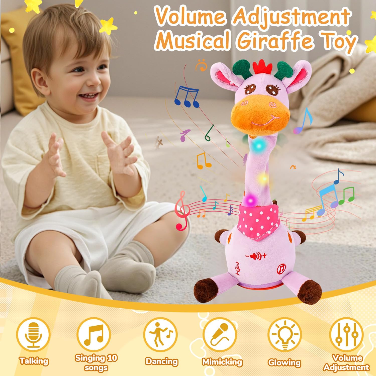 Dancing Talking Singing Giraffe Baby Toy, Tummy Time Toy Giraffe Stuffed Animal with Volume Adjustment, Singing 10 Children's Songs Light Up Toys, Repeating What You Say, Easter Basket Stuffers Gifts