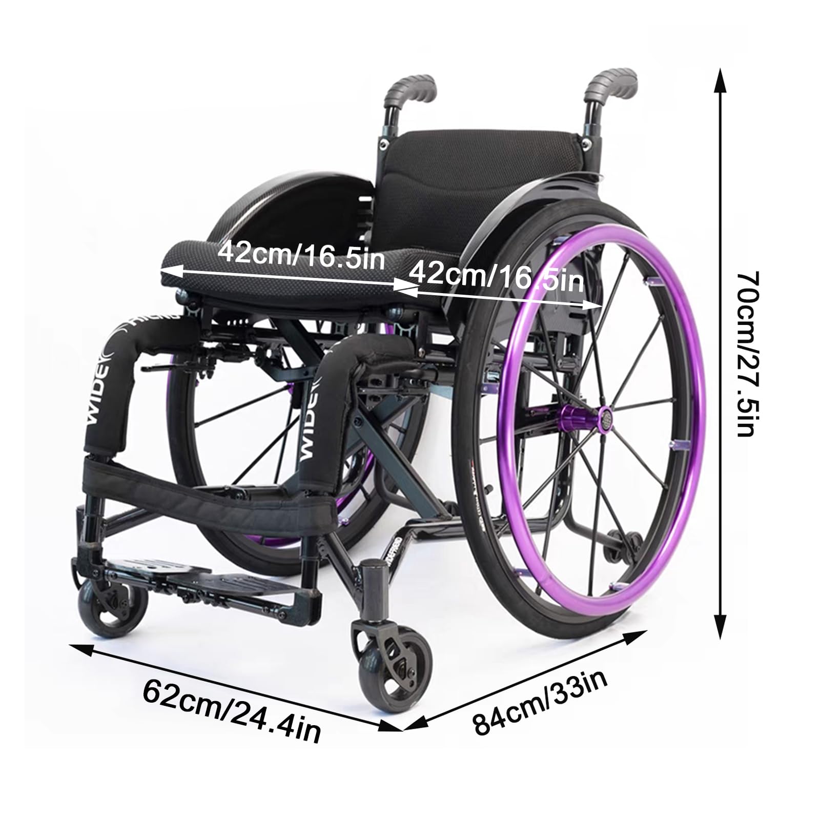 Silla de ruedas para deportes,Silla de ruedas autopropulsada, Ligera, Ergonómica, Silla de ruedas aluminio plegable,Asiento y respaldo con cojín acolchado, Frenos manuales, Antivuelco(Color:Purple)