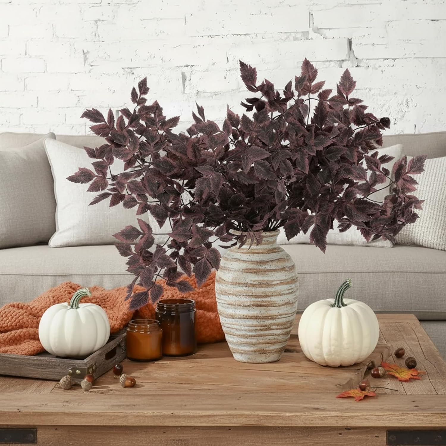 Suncalla 7 Pcs 24" Artificial Plum Cimicifuga Ramosa Leaf Spray & 6 ft Plum Cimicifuga Garland, Faux Ramosa Leaf Branch Faux Fall Spray Plant for Home Vase Wedding Garden Farmhouse Table Mantel Decor