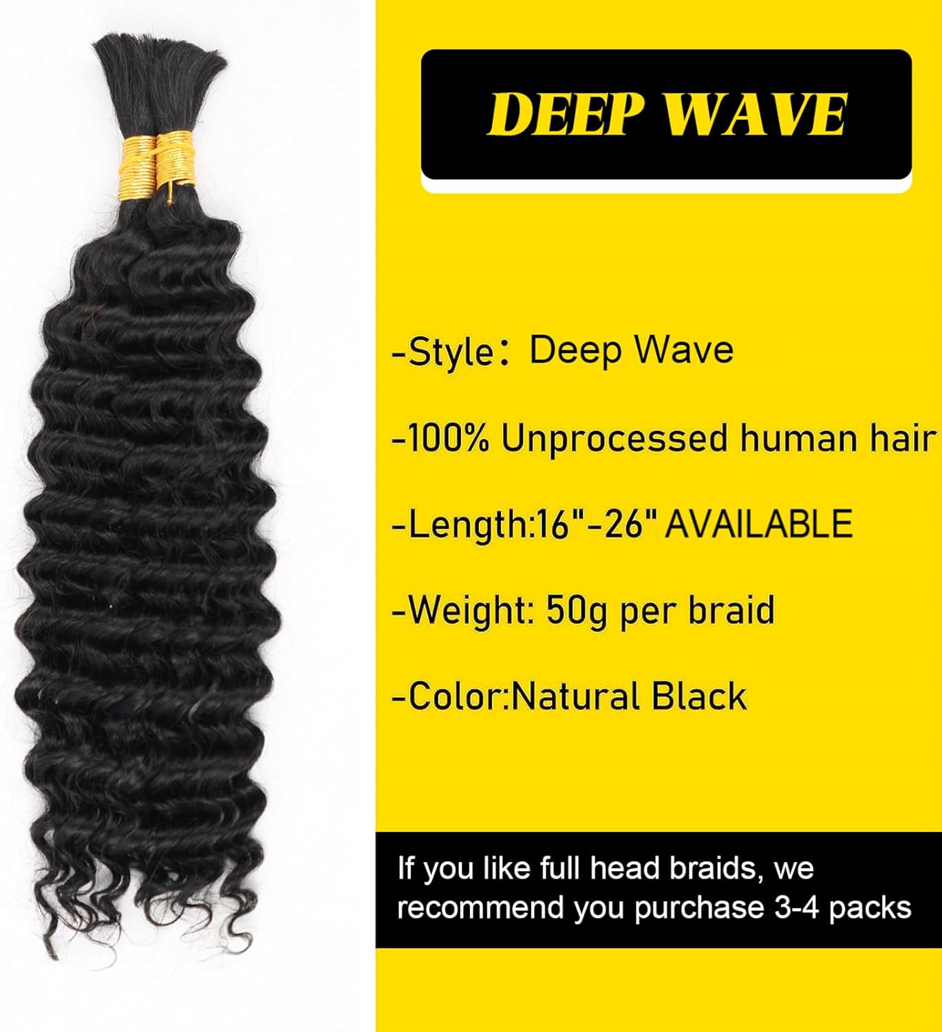 Human Braiding Hair Deep Wave Bulk Human Hair for Braiding No Weft 100% Unprocessed Natural Black 100g Bulk Human Braiding Hair for Boho Braids_voghion.com