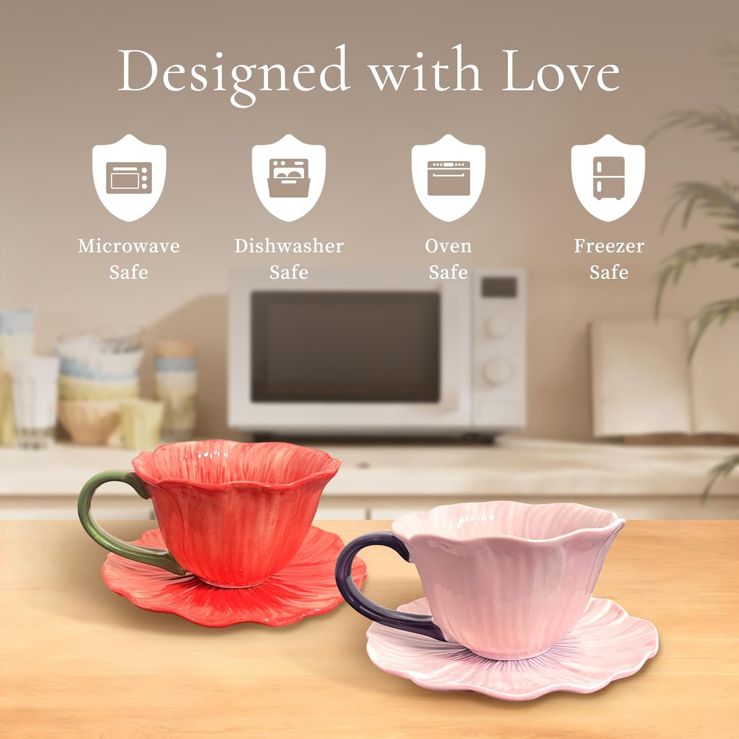 Flower Mug with Saucer, Handmade Ceramic Coffee Tea Cup Set 300ml (10oz), Floral Gift for Girls, Women, Mum and Teachers, Dishwasher & Microwave Safe (Red)