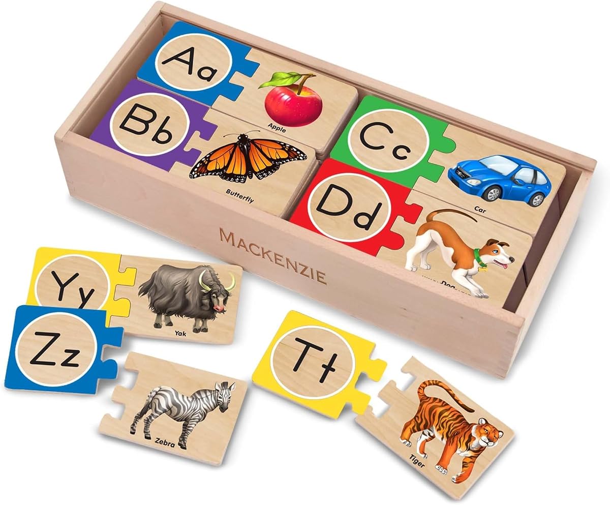 Rompecabezas de madera con alfabeto de autocorrección Melissa & Doug con caja de almacenamiento (52 piezas) Rompecabezas ABC, rompecabezas de alfabeto de madera para niños mayores de 4 años (paquete de 6)