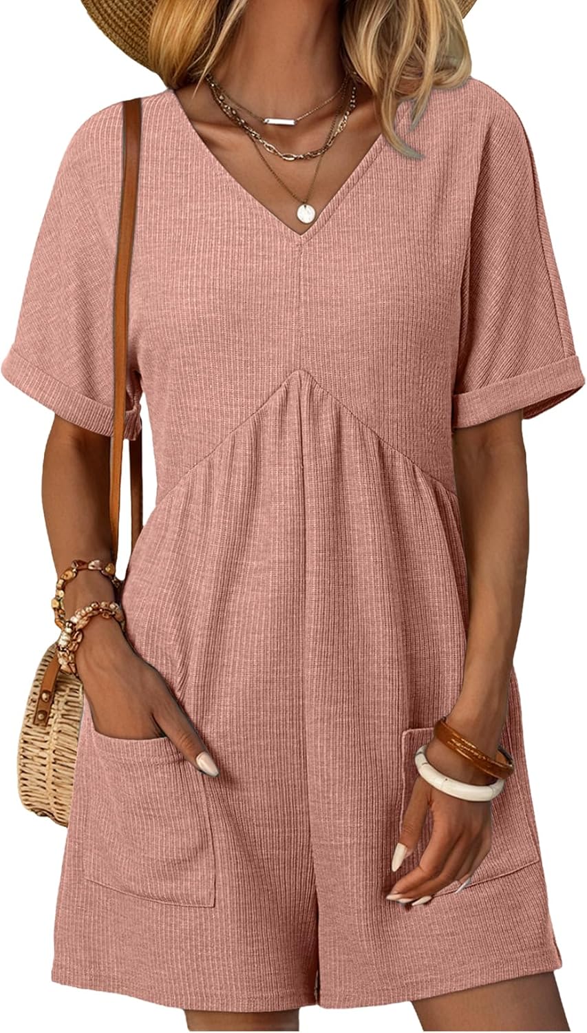 AlvaQ Rompers for Women Solid Color Casual Short Sleeve V Neck Zipper Short Jumpsuits with Pockets