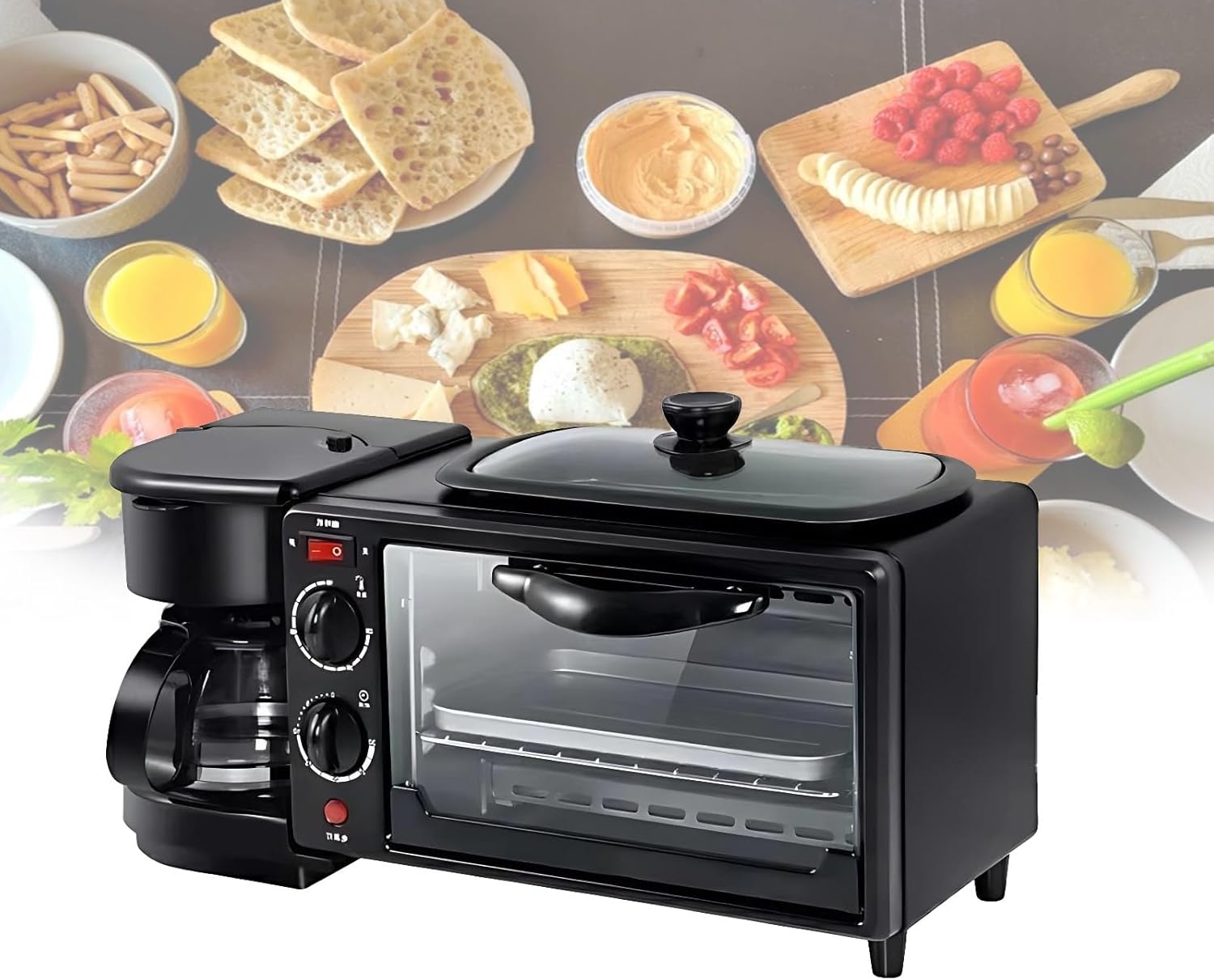 4-in-1 Breakfast Station with Mini Oven, Coffee Brewer, Non-stick Griddle and Toaster Combo, Multifunction Appliance for Compact Kitchens, Dorm Rooms