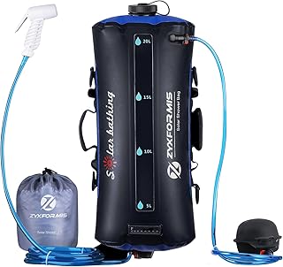 Tragbare Campingdusche mit Temperaturanzeige, 20L TPU Solarbetriebene Camping Dusche Tasche mit Druckfuß, Pumpe Duschkopf und Schlauch für Camping, Wandern, Strand, Reisen, Haustier