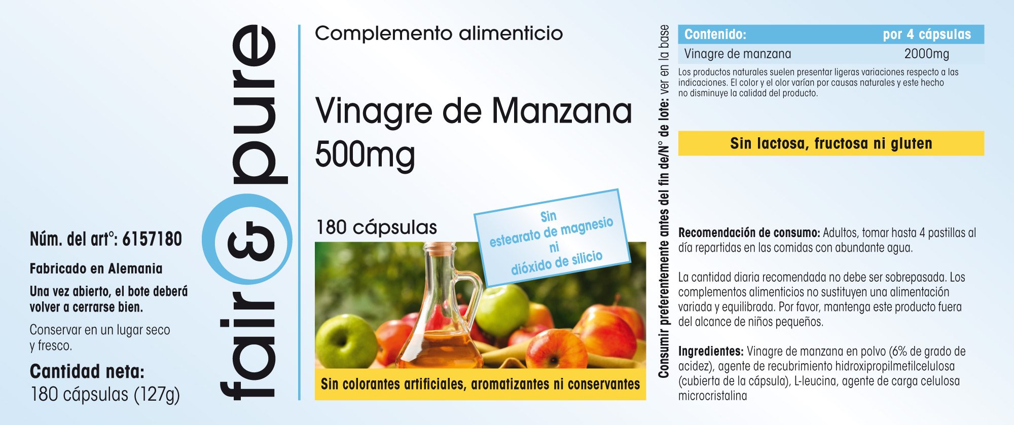 Fair & Pure® - Capsules de Vinaigre de Cidre 2000 mg par dose journalière - Vegan - Haut dosage - 180 capsules