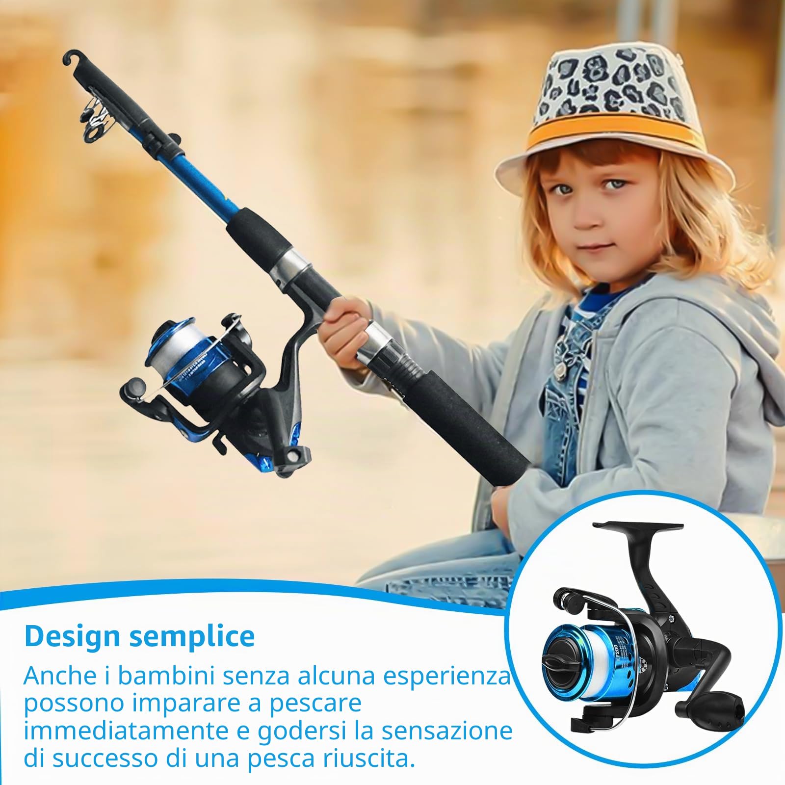 Set da pesca per bambini, 1,5 m, con mulinello da pesca ed esca, canna da pesca telescopica in fibra di carbonio e mulinello da pesca, accessori da pesca per bambini dai 3 ai 10 anni, set completo
