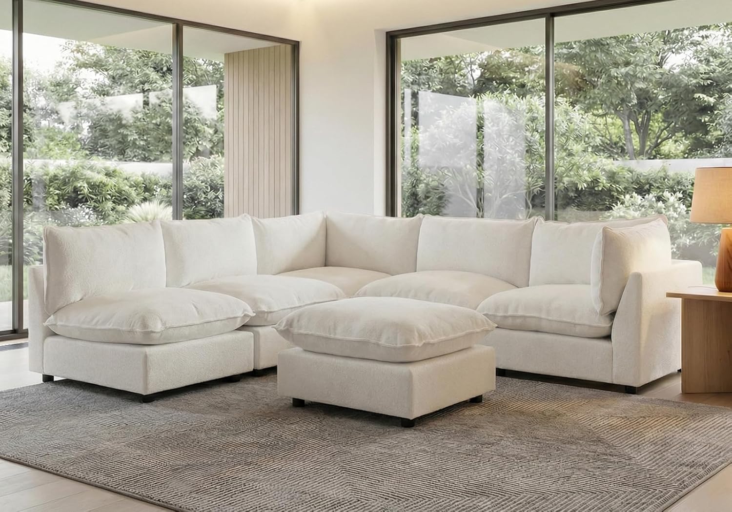 Iroomy Modular Sectional Sofa, Oversized Chenille Cloud Couch, Deep Comfy Seat, 6-Seater Sofas Couches for Living Room, White | Premium Chenille, Without Compress, Oversized, Cloud Comfort, Thick Cushions