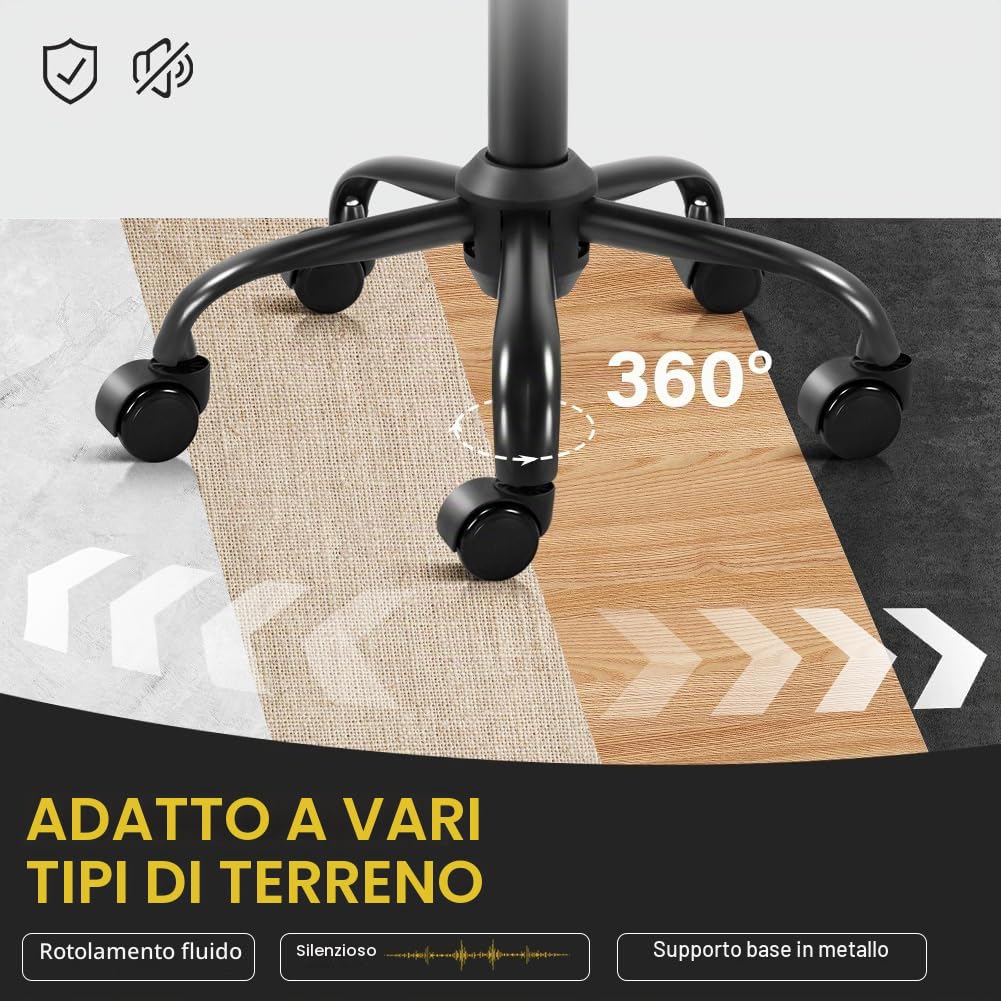 Sgabello girevole con ruote, sgabello girevole con schienale regolabile in altezza, in pelle PU, ideale per spa, saloni, casa, ufficio, lavoro di redazione (nero)
