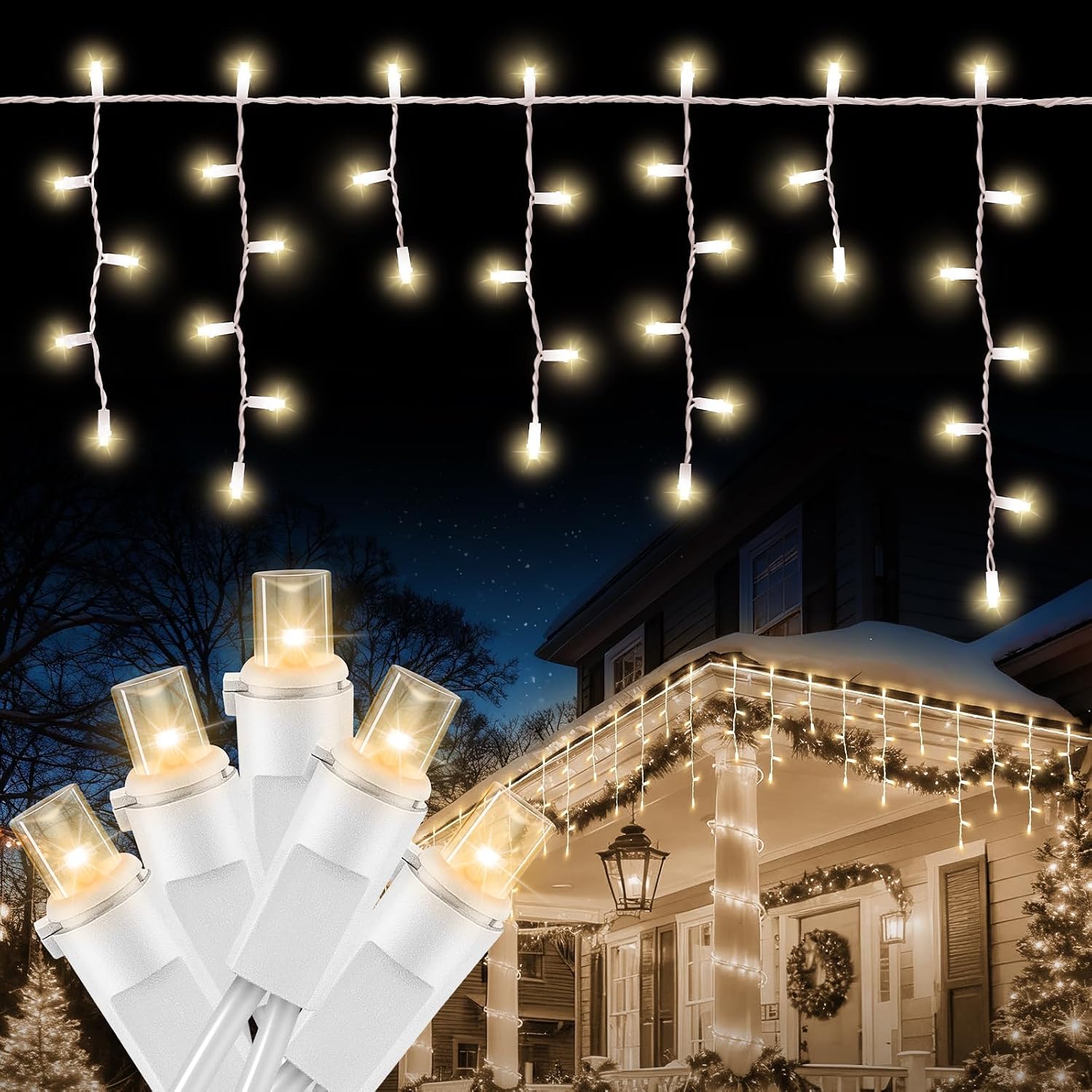 LAMPHOME 6.2FT 100 Clear Icicle Lights, White Wire, Indoor/Outdoor Christmas Holiday Lights
