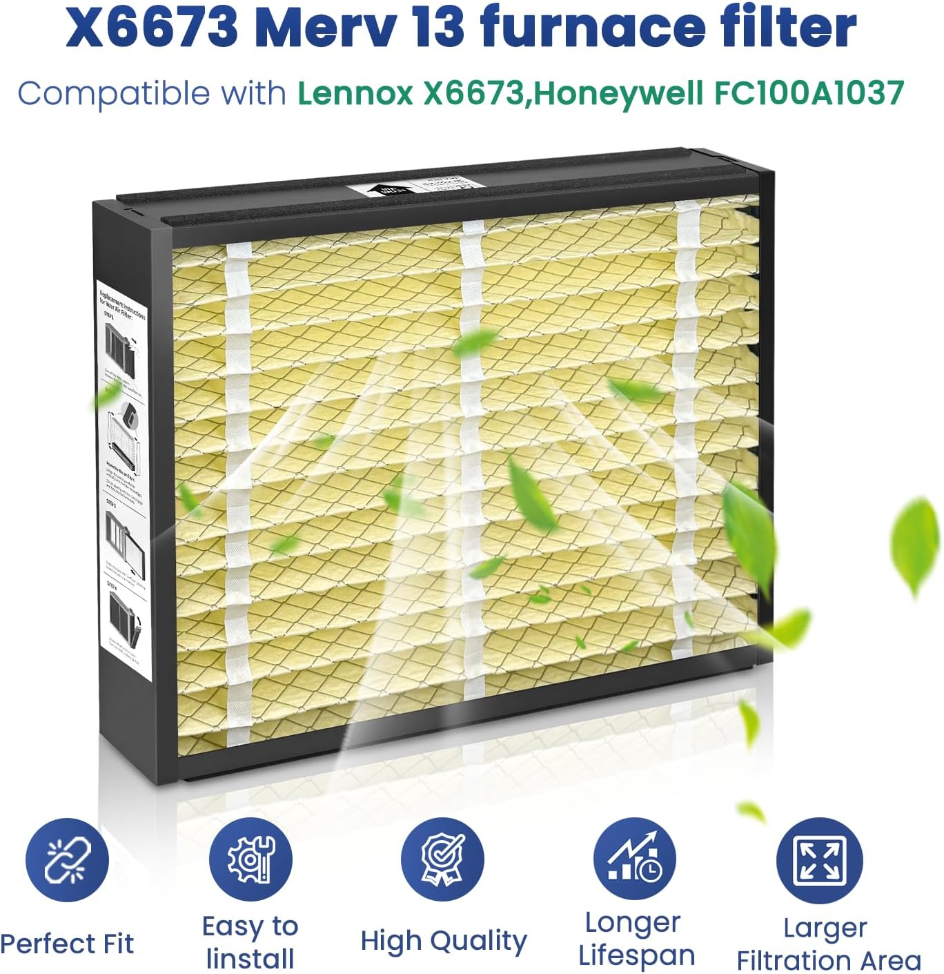 2-Pack 20x25x5 Air Filter MERV 13 Superior Pet & Allergy Defense, Pleated HVAC AC Furnace Filters Compatible with Lennox X6673, Honeywell FC100A1037 and More (Actual Size: 19.88 x 24.75 x 4.38inch)