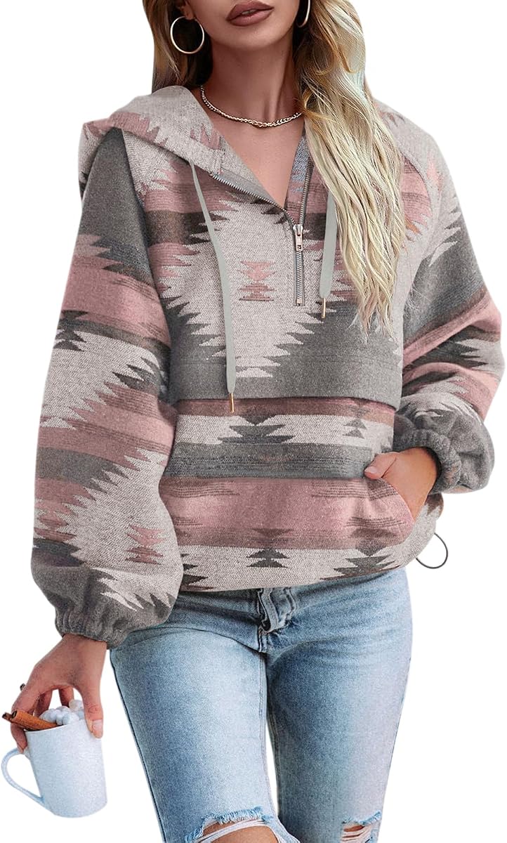Fessceruna Womens Aztec Zip Up Hoodies Sweatshirt Boho Western Pullover Top | Quarter Zipper, Western Outfit, Long Sleeve, Oversized, Loose Fit, Ethnic Tribal