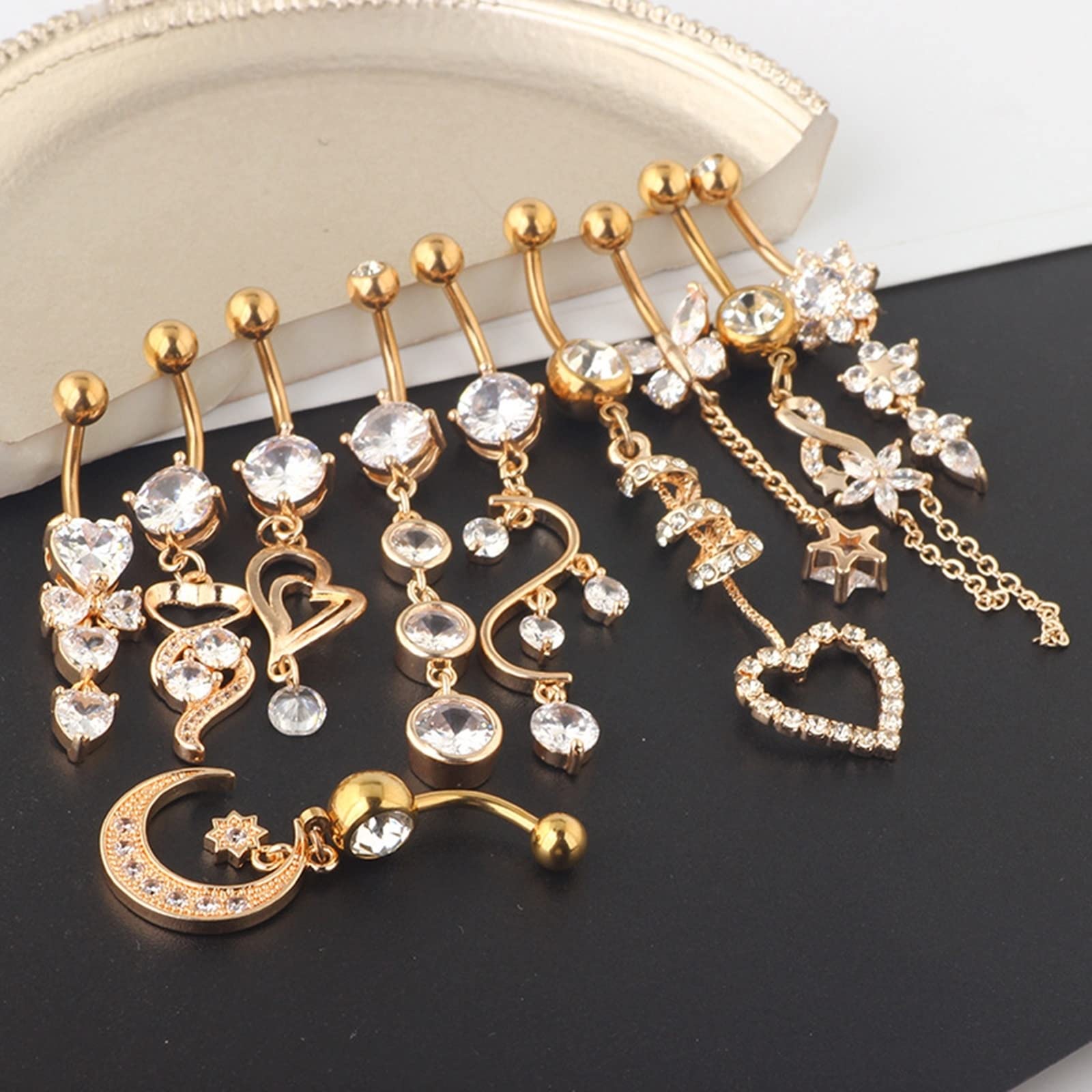 Bauchnabel Piercing, Bauchnabelpiercing Glitzer Edelstahl 10 Stück 14G Bauchnabelpiercing Damen Weiß Rund Zirkonia Herz Mond Sonne Design