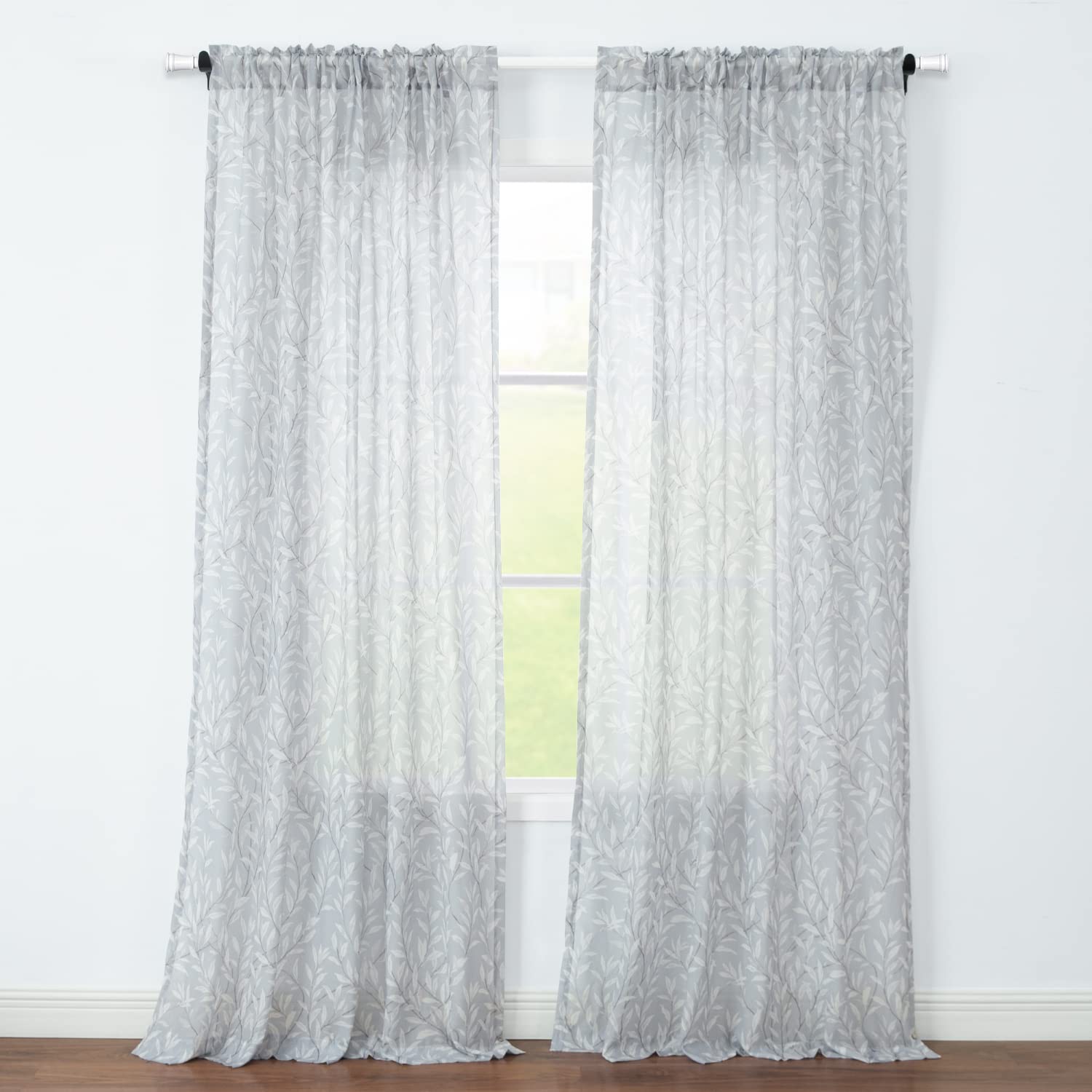 VOGOL Chiffon Backdrop Sheer Curtains, 2 Panels 84 Inches Long Soft Voile Window Drapes, Rustic Leaves Printed Panels for Living Room Decor, Rod Pocket, Grey