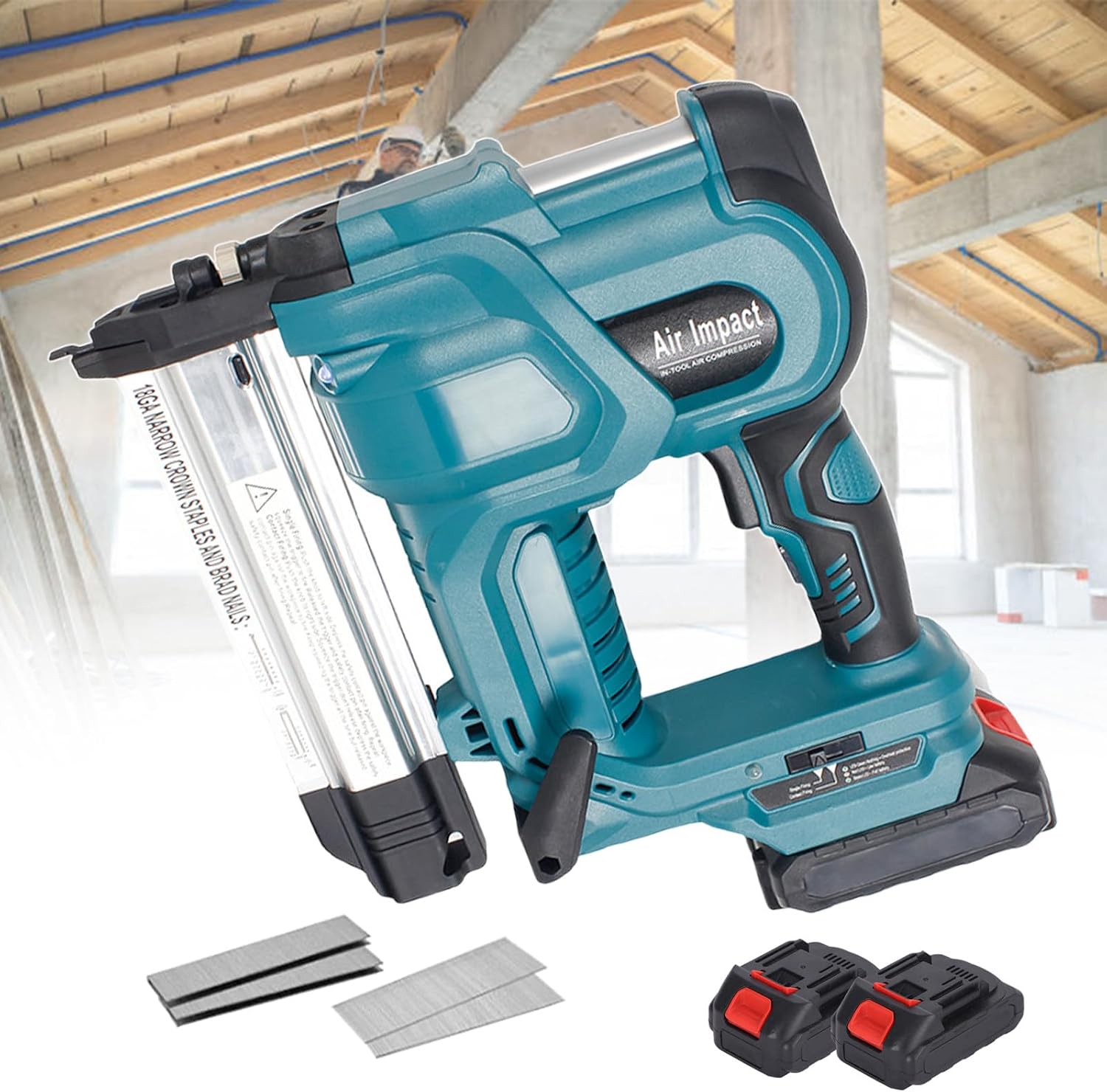 2 in 1 Brad Nailer Battery Powered, Electric Nailing Machine with 200 Pcs Straight Nails & Staples, Brad Nailer with 2 * 2.0 Ah Batteries, for Home Improvement & Woodworking,Blue