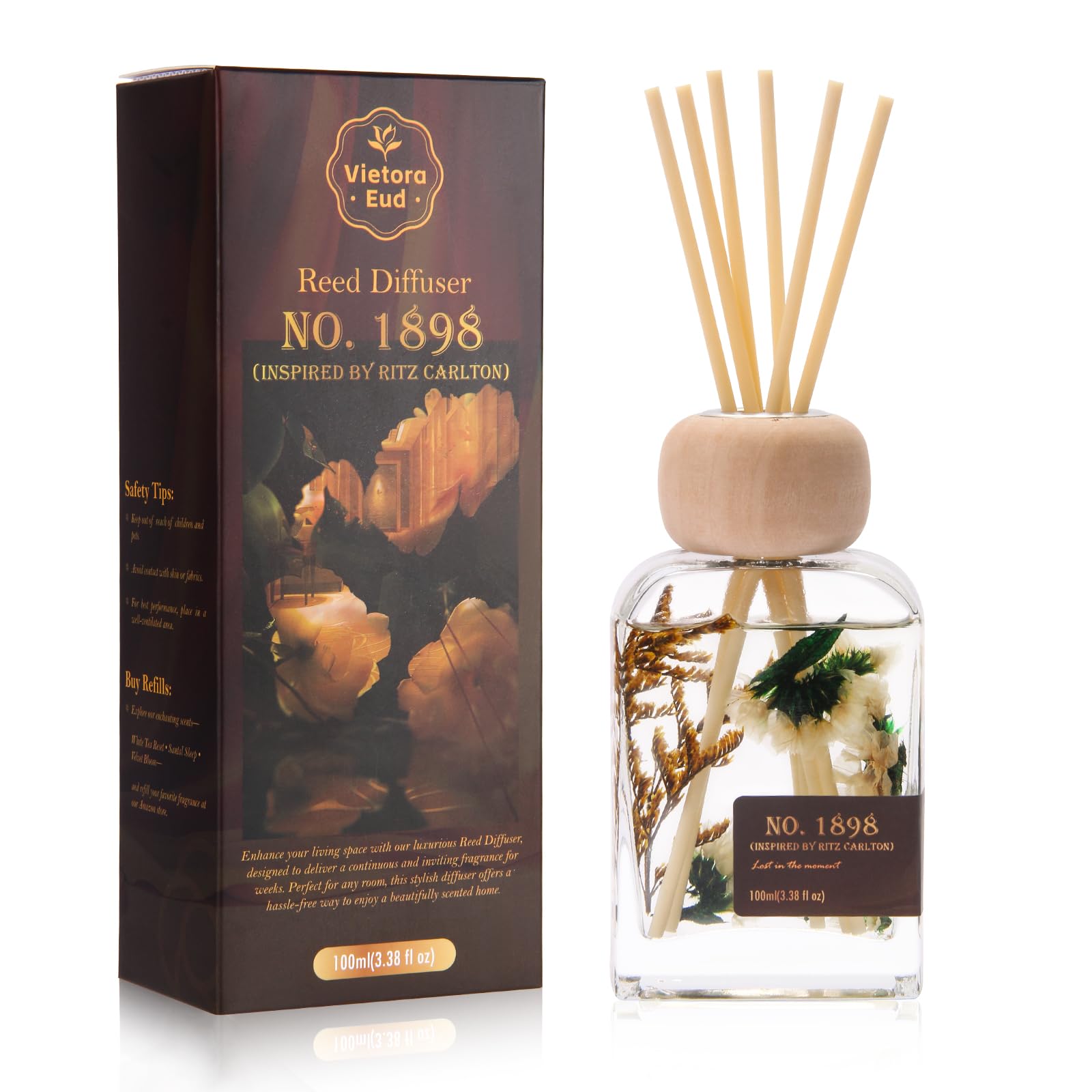 Luxury Hotel Scent Reed Diffuser 100ml (3.38oz) | No.1898 Hotel Collection Diffuser Oil Inspired by Ritz Carlton | Home, Bathroom & Office Decor | Long-Lasting Room Freshener Gift Set