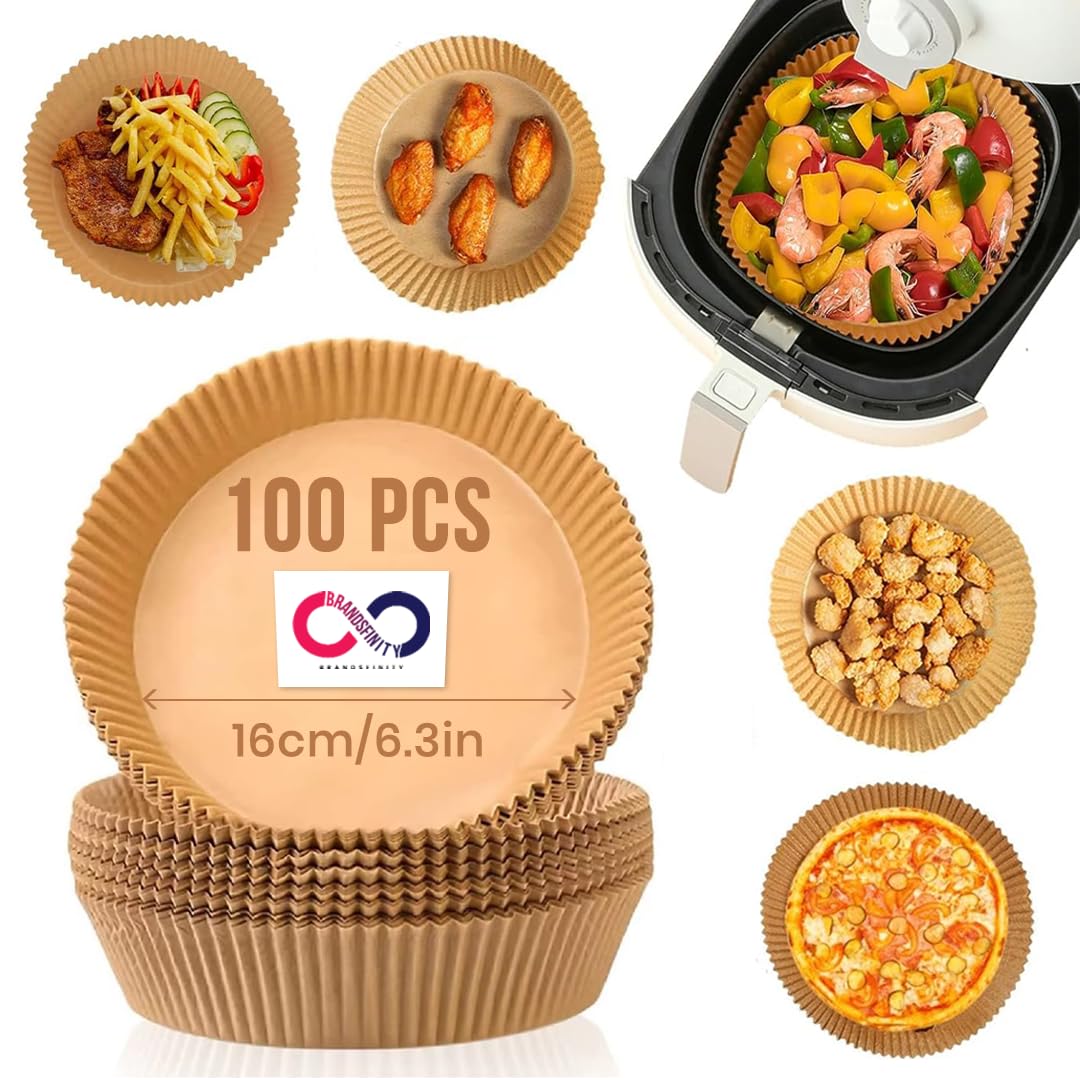 Brandsfinity 100pcs Air Fryer Paper Liner, Disposable, Non-Stick, Oil-Resistant Parchment Sheets, Round 16cm Design for Airfryers, Baking & Cooking