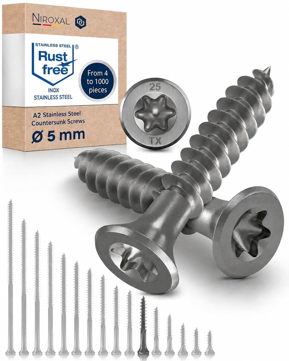 #10-1-5/8" Exterior Wood & Fence Screws 5x40mm Stainless Steel Flat Head Deck Screws Partial Thread 5mm Strong 40mm Long 800 Pieces Rust Resistant A2