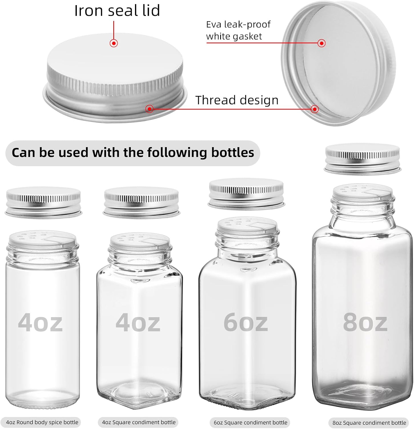 12 Iron Spice Jar Lids with 12 Shaker Inserts, Fit 4oz & 6oz Glass Jars, Airtight Metal Caps, 2-in-1 Pour & Sprinkle Design for Salt, Pepper & Seasoning (Jars Not Included) (Silver) image 3