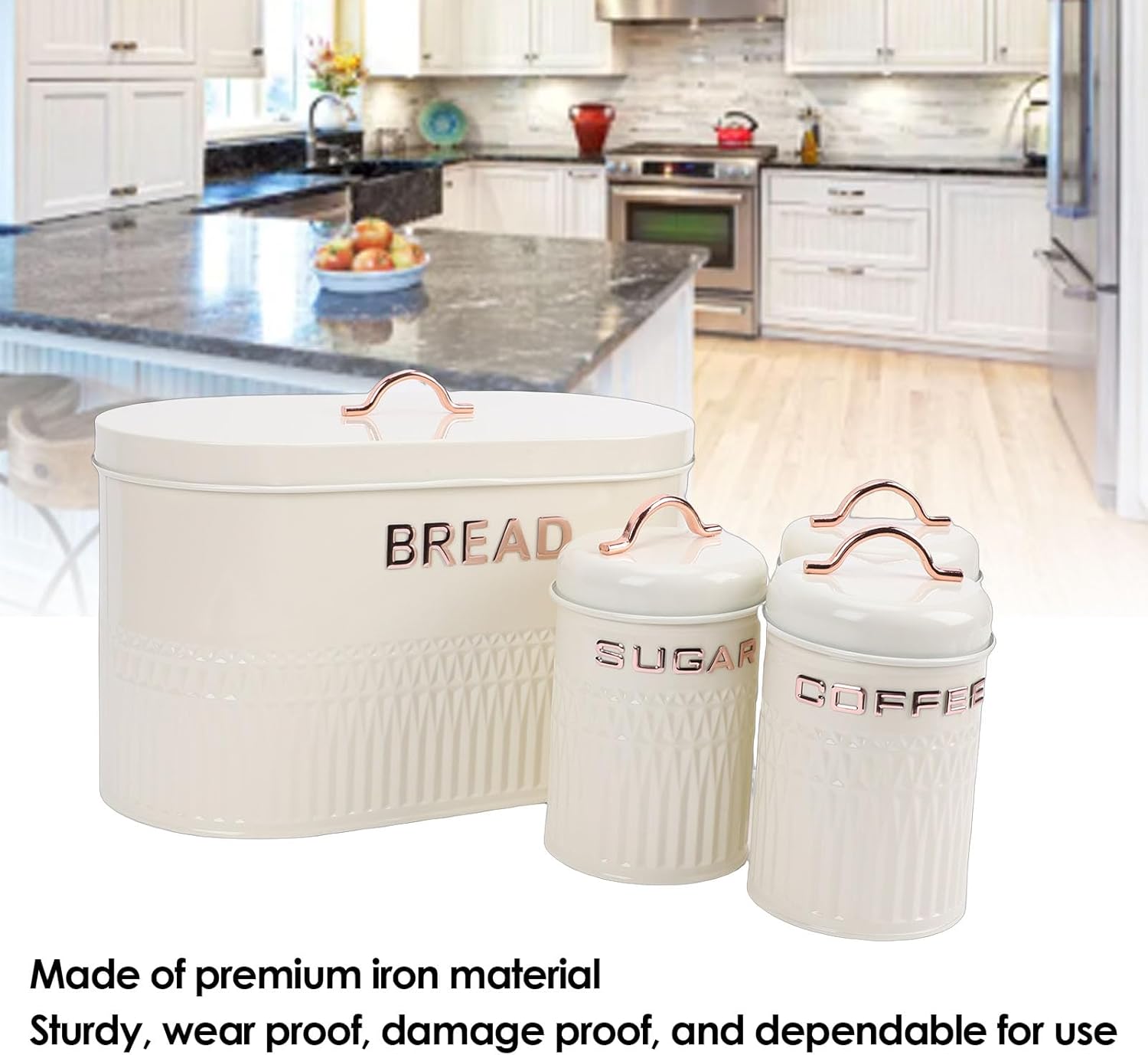 4PCS Bread Box and Canister Set for Kitchen Countertop, Iron Bread Bin Sugar Tea Coffee Storage Canister with Lid, Set for Loaf, Pastry, Dry Food, Space Saving H (Cream)