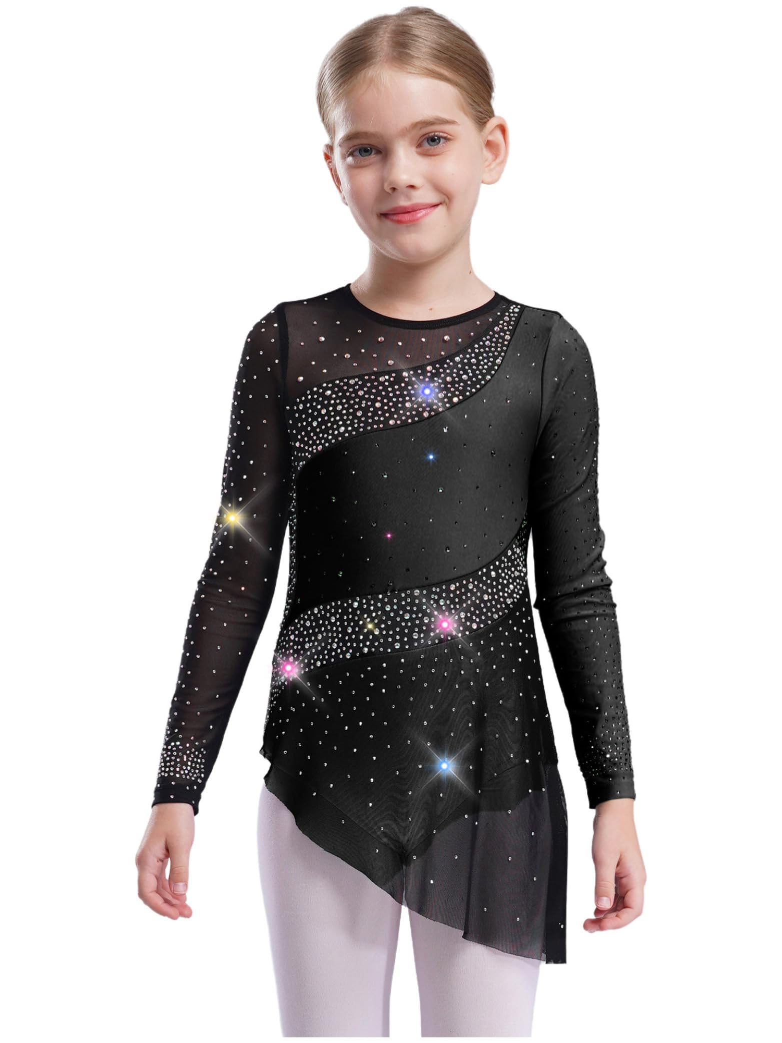 Fille Robe Patinage Artistique Asymétrique Strass Scintillante Tenue Danse sur Glace Justaucorps Gymnastique Danse Manches Longues Costume
