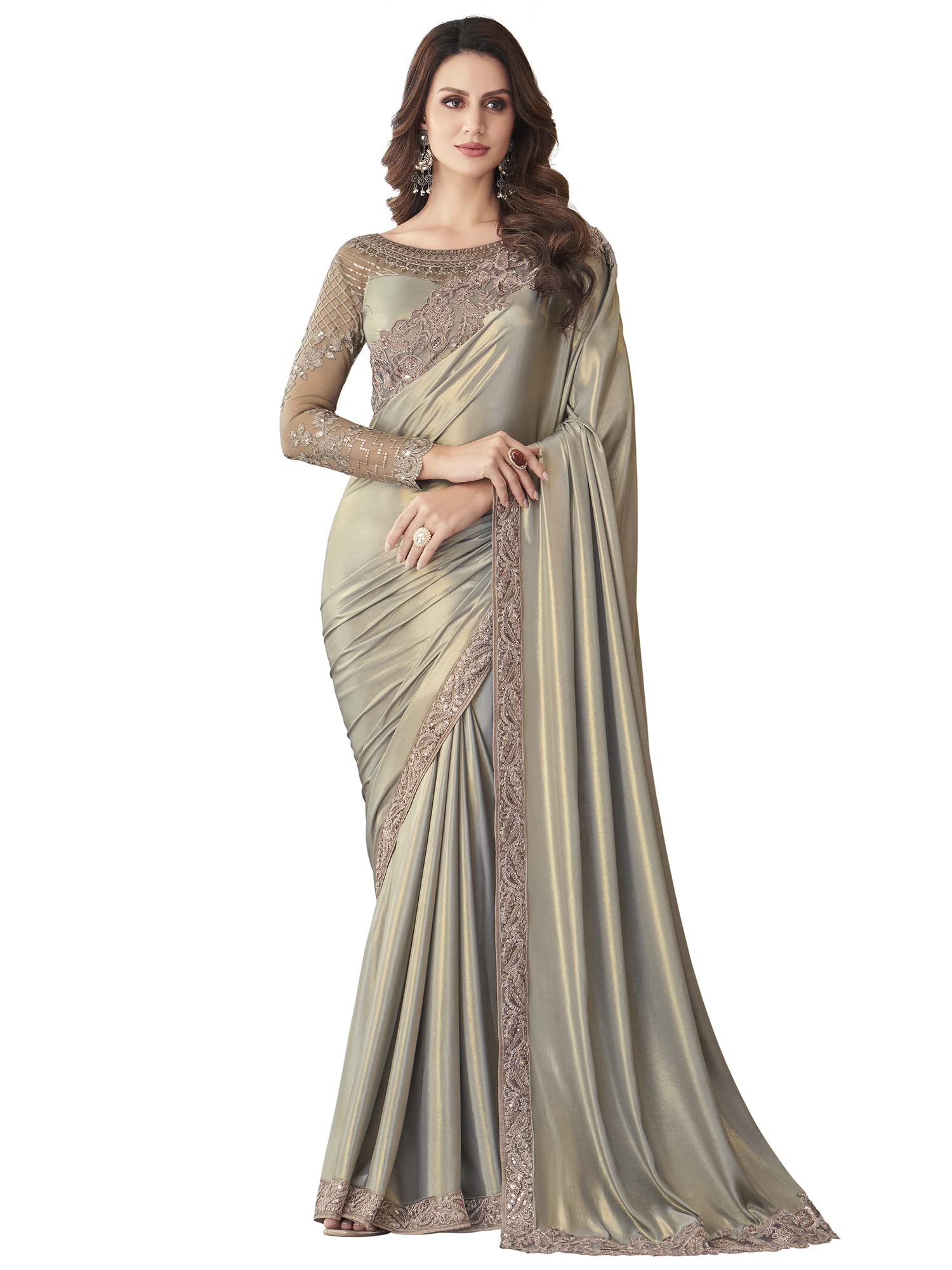 Women's And Girls Embroidery Lace & Sequence Embroidery Chiffon Saree With Unstitched Blouse Piece-image-45