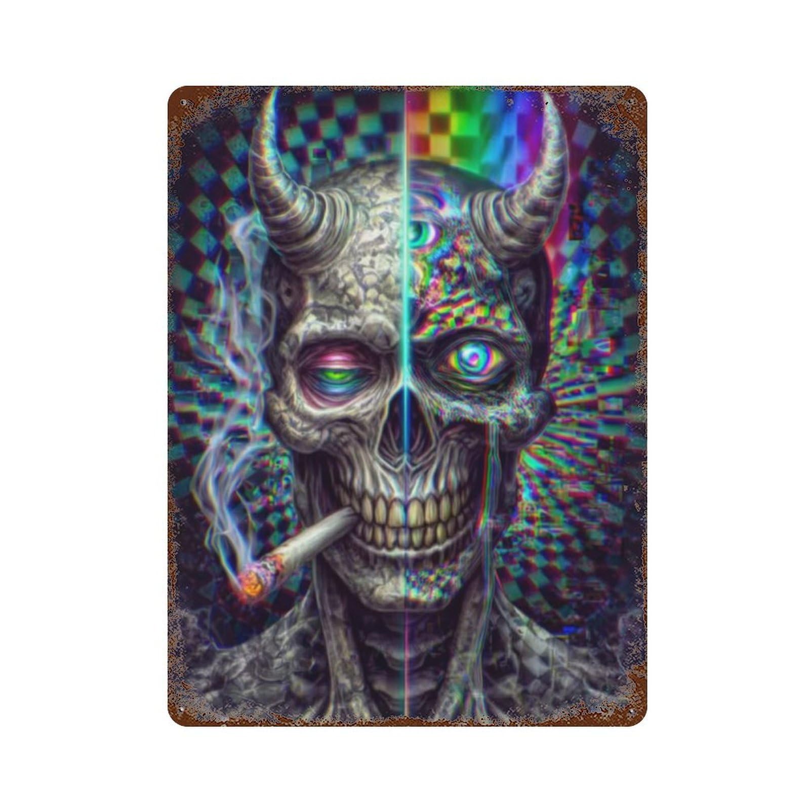 Psychedelic Devil Skull Artwork Rust Effect Tin Sign 15.7"x11.8", Industrial Home Decor for Cafe, Home Bar And Lounge Decor