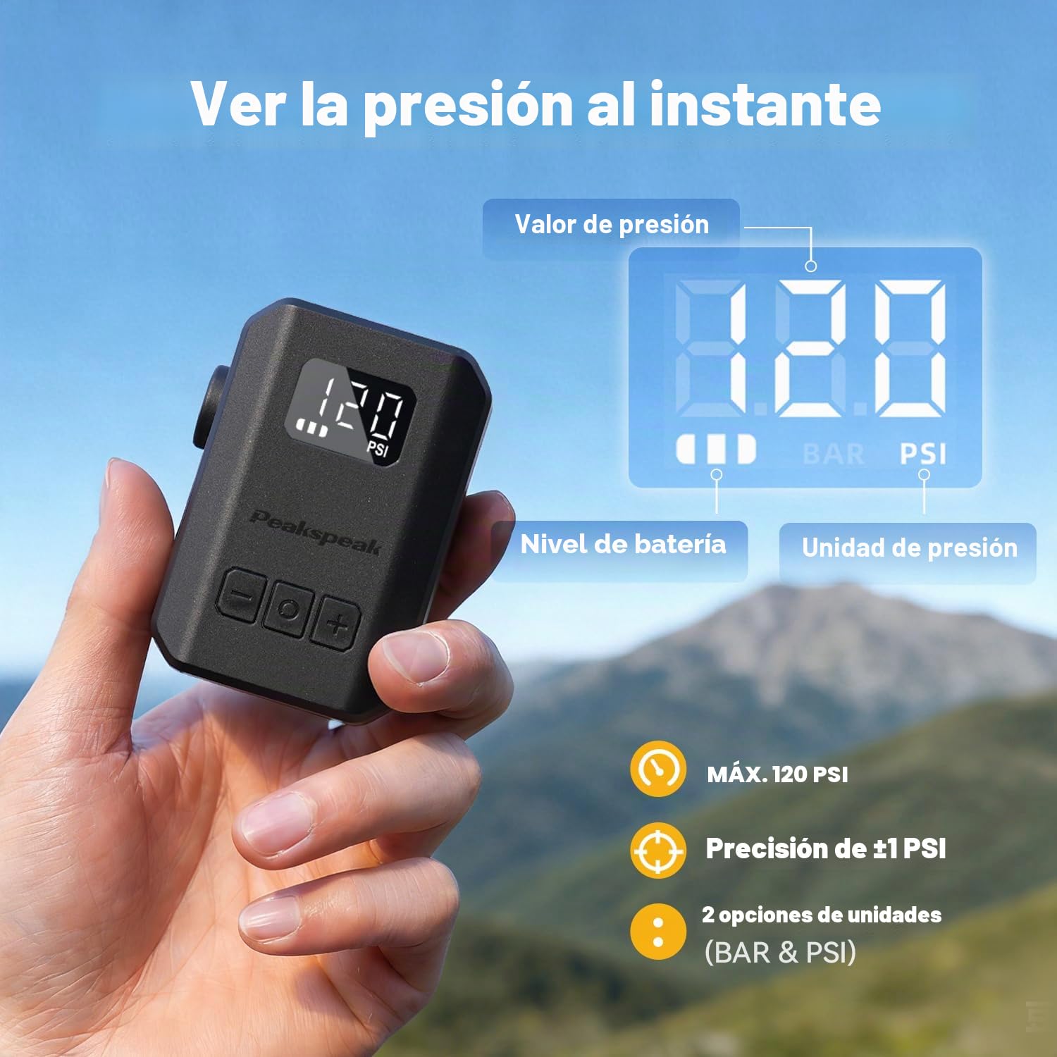 Peakspeak Mini bomba eléctrica para bicicleta AS260PRO, 120PSI bomba de bicicleta portátil con manómetro y parada automática, recargable por USB-C, inflado de precisión para válvulas Presta/Schrader