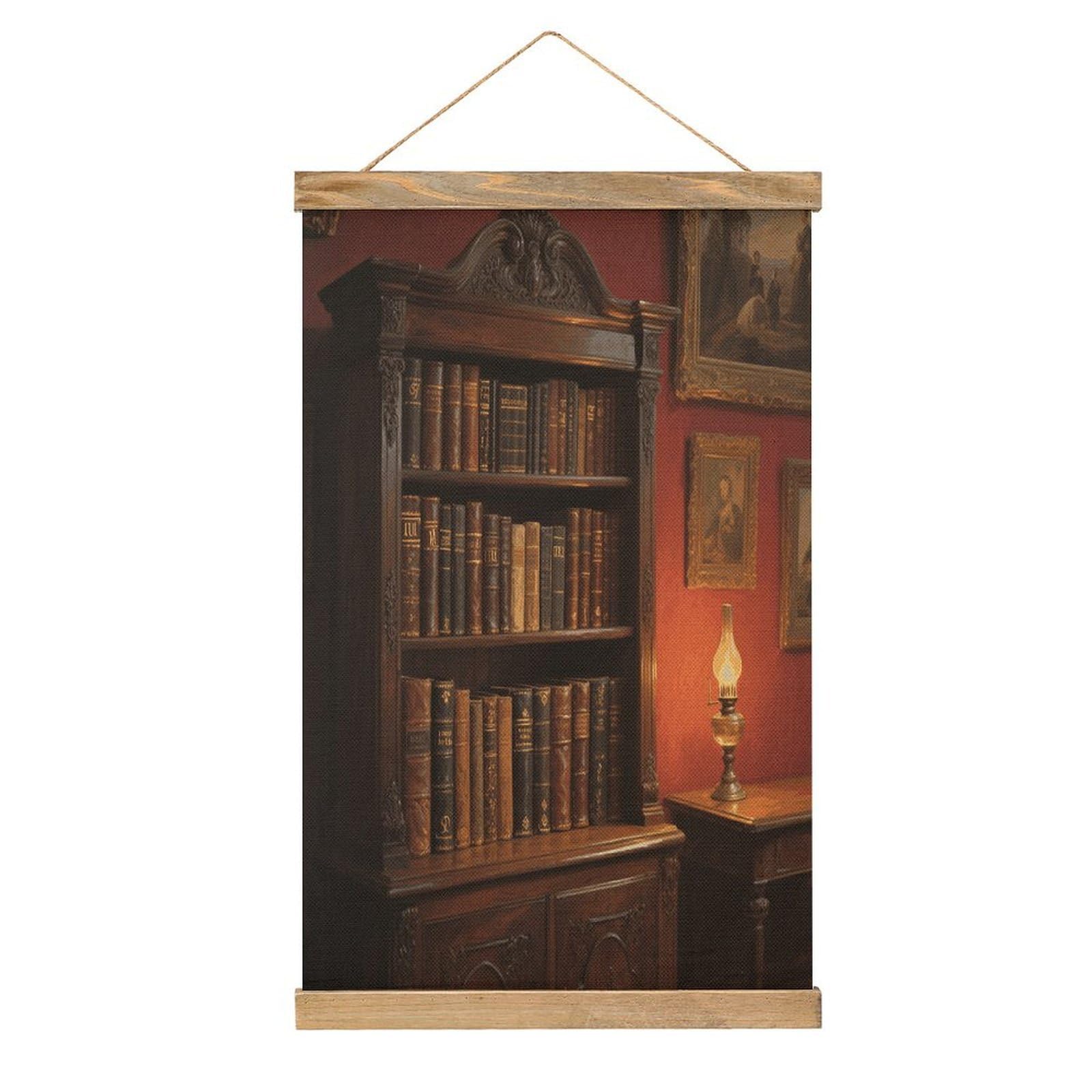 VstaDank Bookshelf Hanging Poster with Wooden Frame Modern Linen Hanging Painting Retro Style Wall Decor Art Painting for Living Room,Bedroom Decor Poster Frame 20.4x13.1inch
