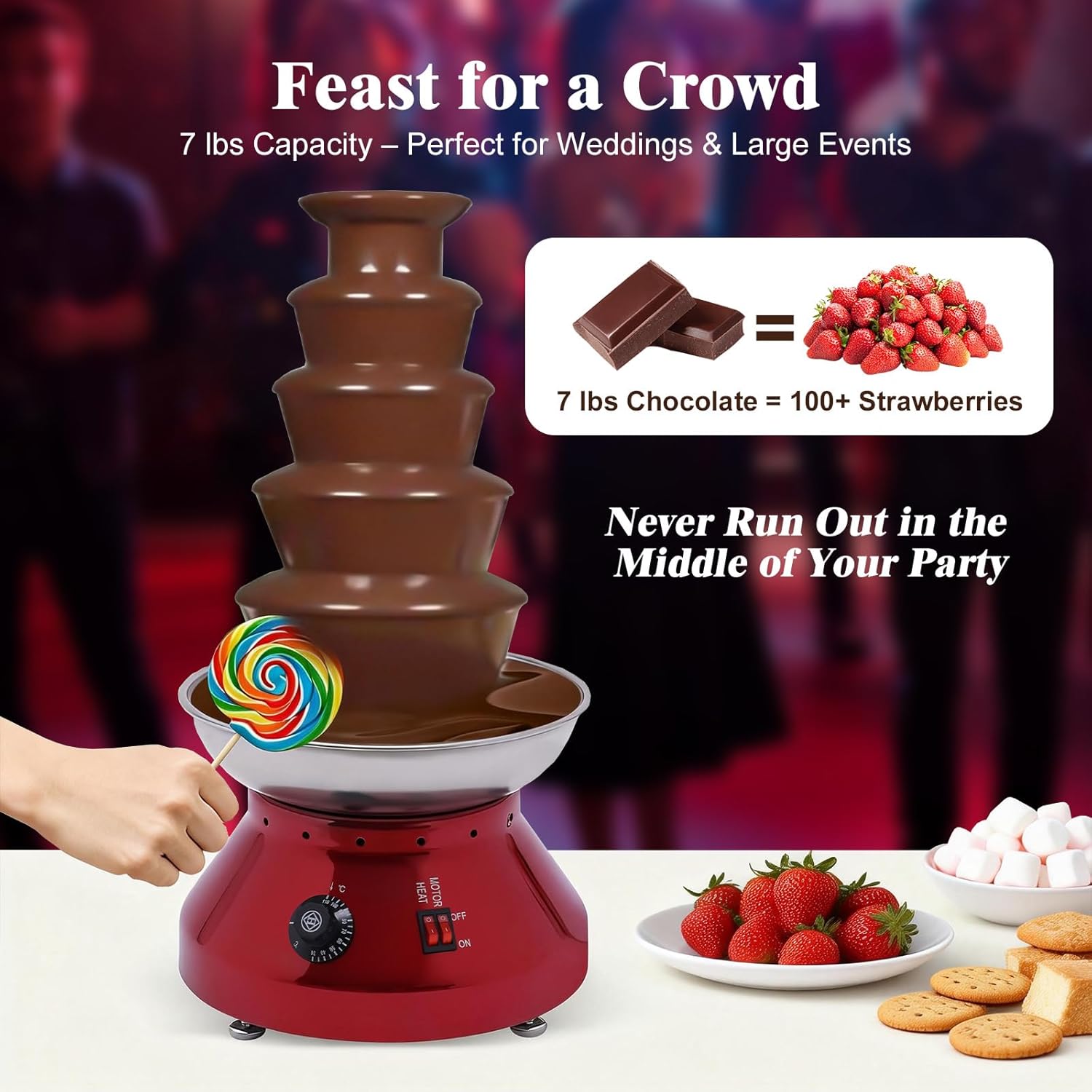 5 Tier Commercial Chocolate Fountain, 230W 7lb Large Capacity Stainless Steel Hot Chocolate Fondue Tower Fountain Machine for Buffet Dinner, Wedding Parties, 86-230℉ (Red)