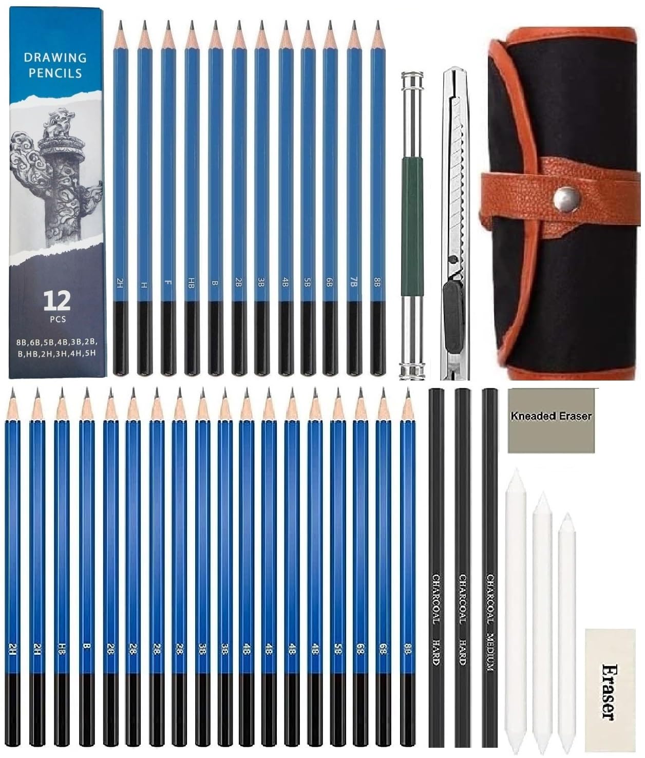 Corslet Drawing Pencil Set for Artists 29 Pcs Drawing & Sketching Kit & 12 Pcs Charcoal Pencils | Art Tool with Graphite Charcoal Pencils, Paper Erasable Pen, Craft Knife Lightwish