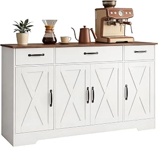 HOMCOM Sideboard Buffet Cabinet, 55" Farmhouse Kitchen Storage Cabinet with 4 Barn Doors, 3 Drawers, 3 Adjustable Shelves, Coffee Bar Station, TV Stand for TVs up to 60 Inch, White